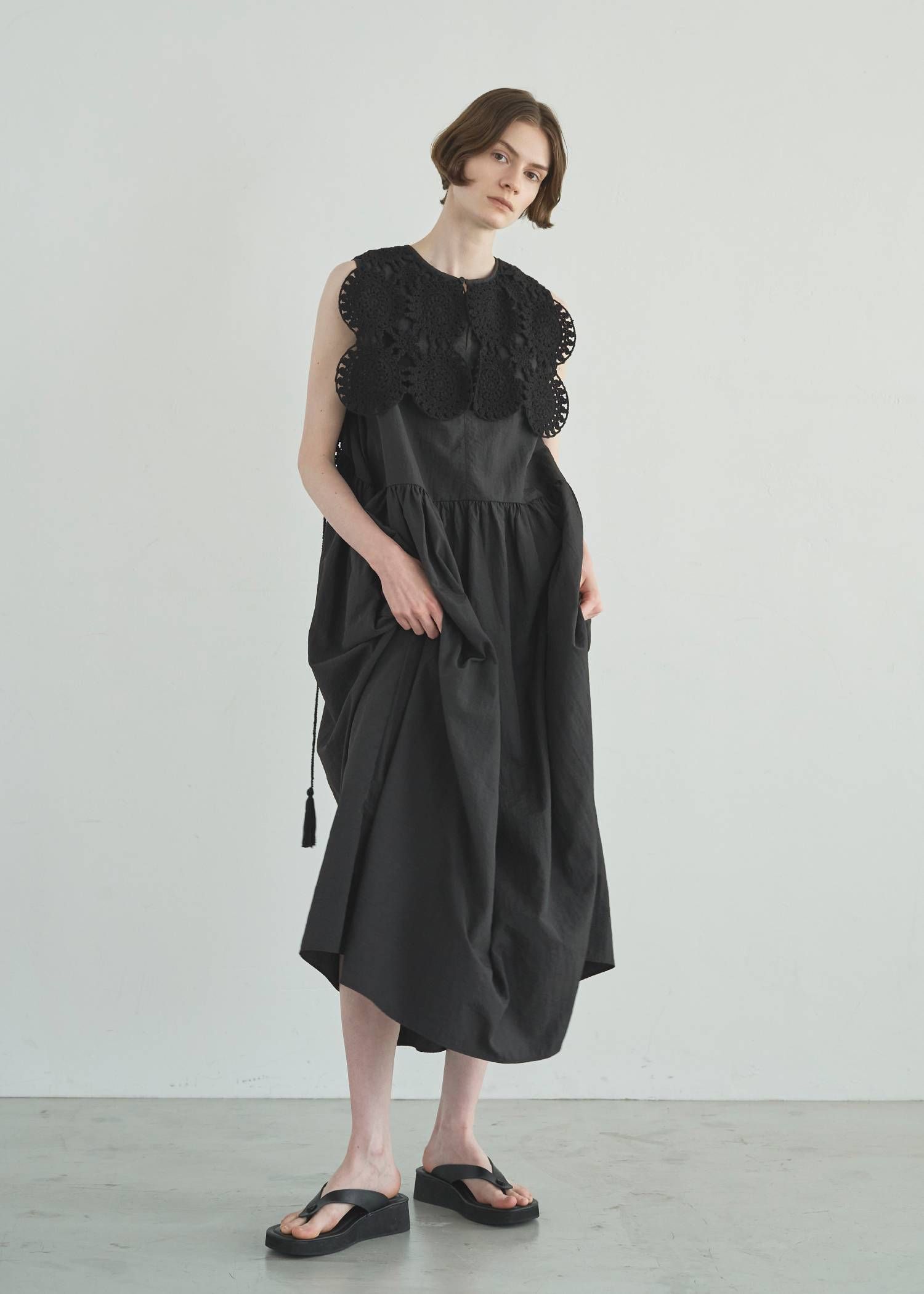 クロシェ ナイロンワンピース (ブラック) crochet knit layered nylon OP (Black) /  26SS