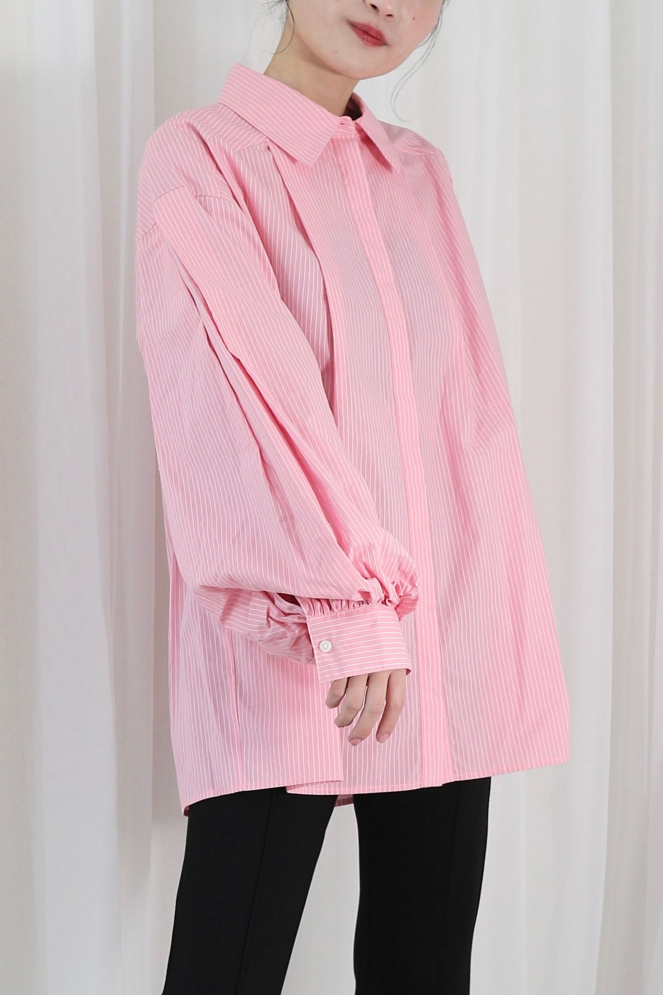 STRIPE VOLUME SLEEVE SHIRT / ストライプボリュームスリーブシャツ (ピンク)