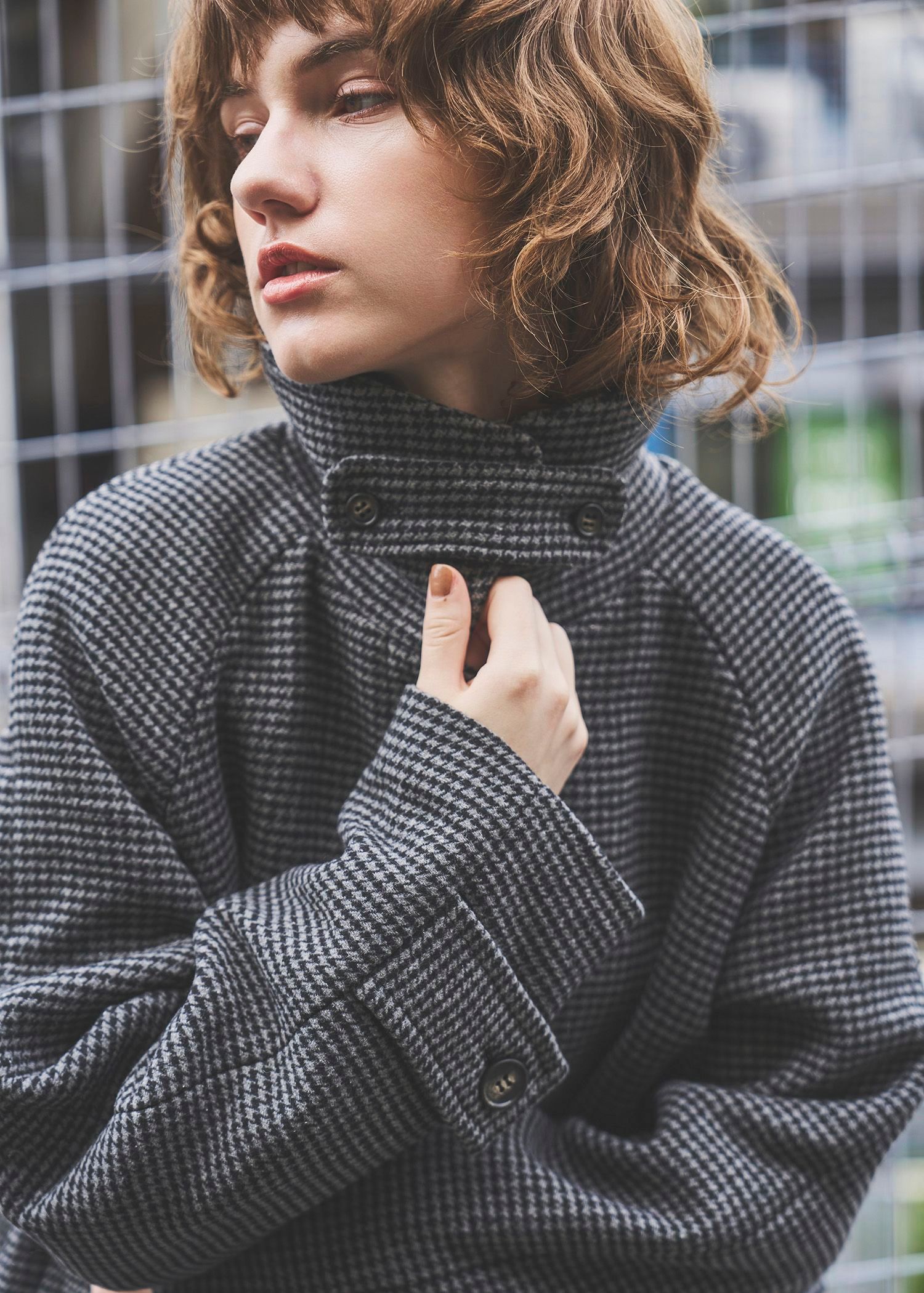 hound tooth soutien collar quilting coat / ハウンドトゥース ステンカラーコート (チャコール) / 25AW /