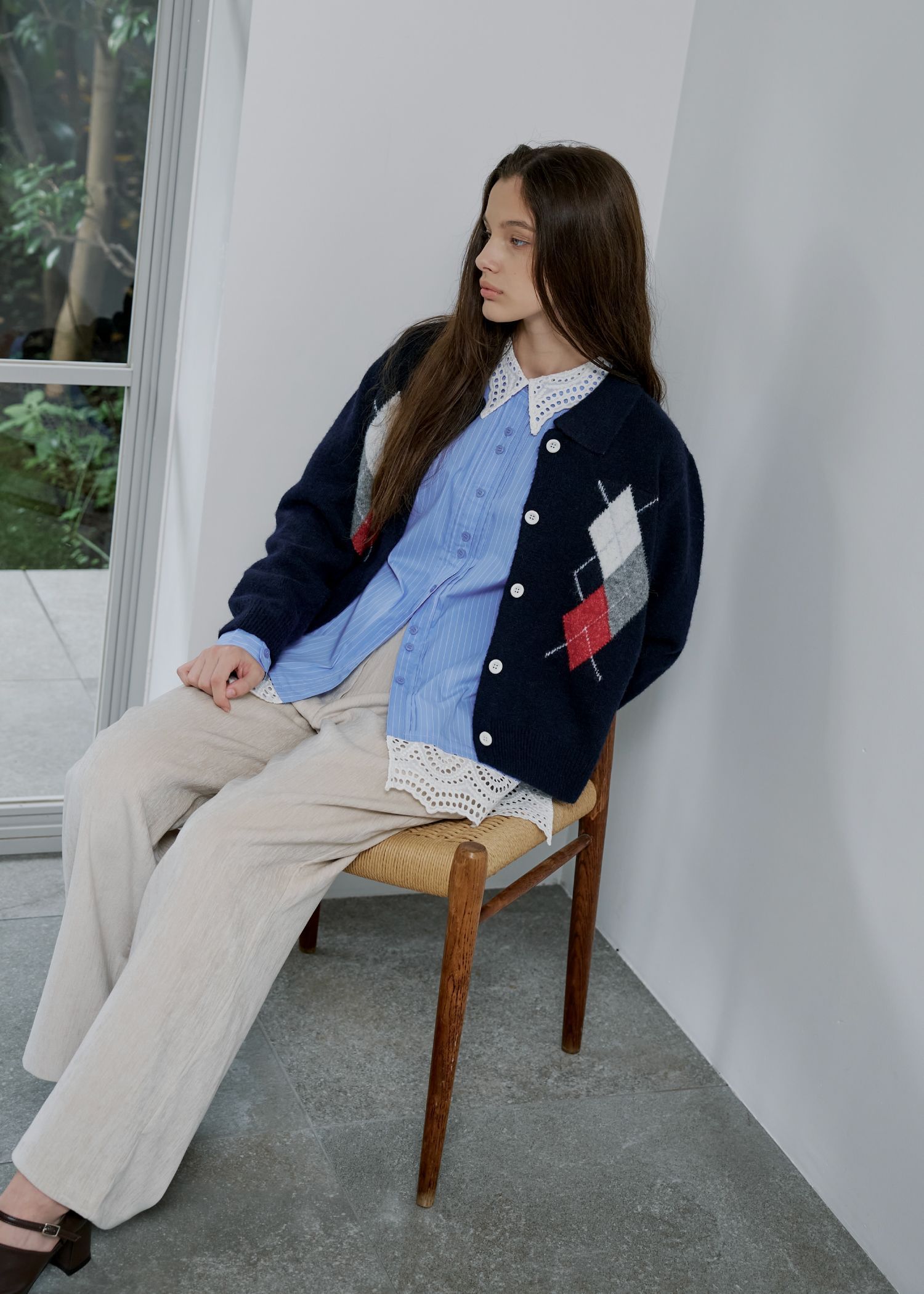 lace collar hem shoulder pintuck SH / レースヘムショルダー ピンタックシャツ (サックス) / 25AW /