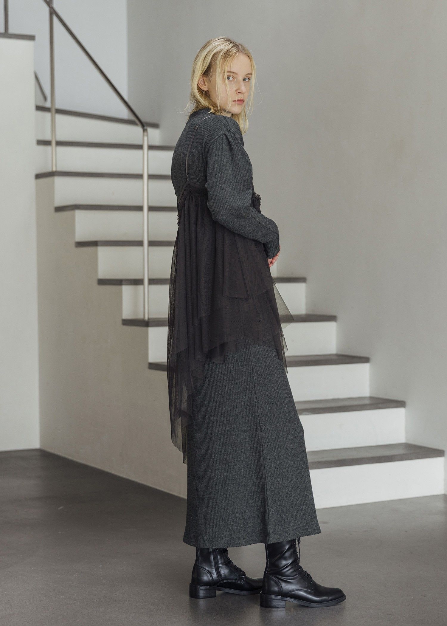 volume sleeve high neck rib OP / ハイネックリブワンピース (チャコール) / 25AW /