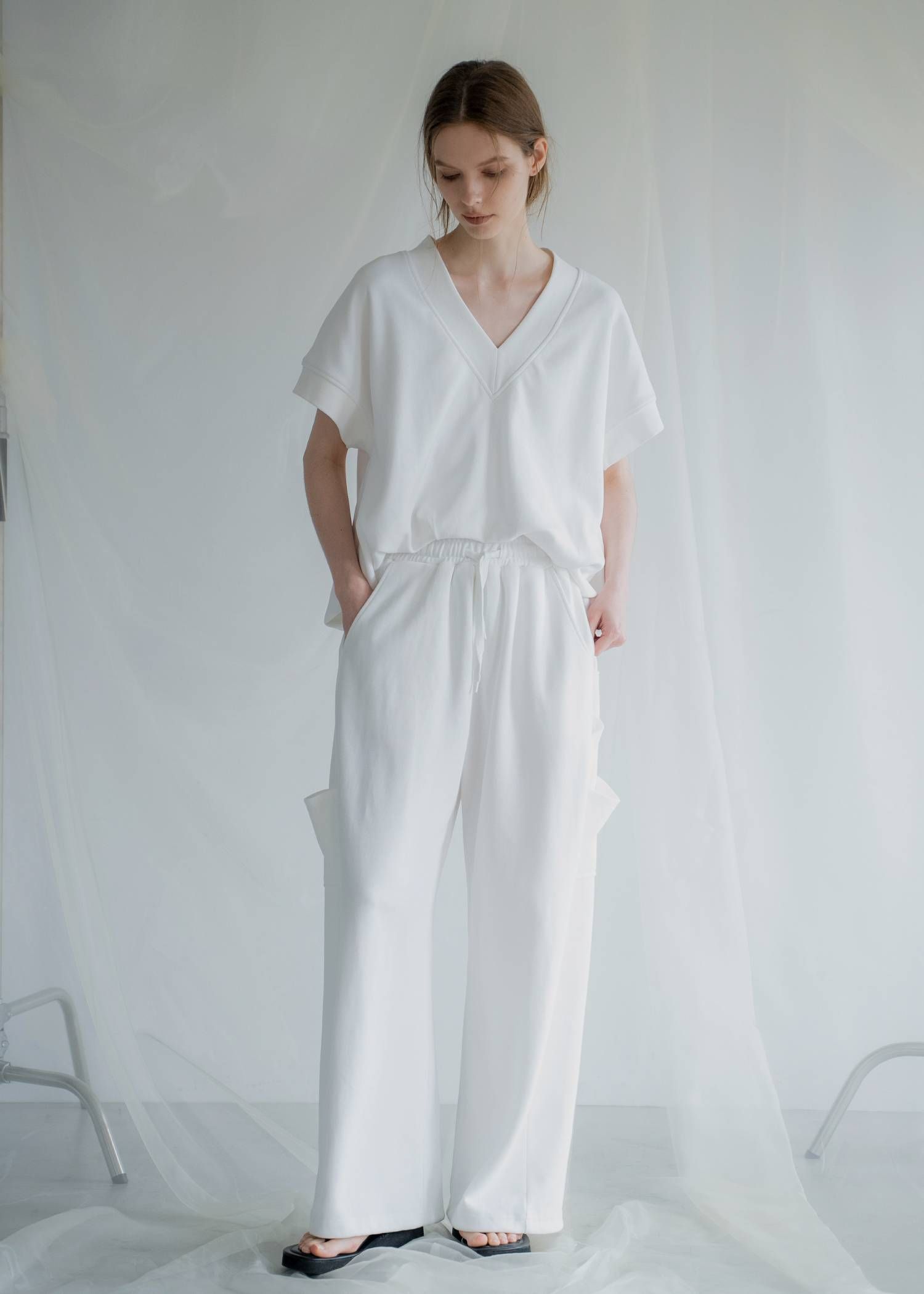 バルーンヘム スウェット半袖トップス (アイボリー) balloon hem moss stitch sweat tops (Ivory) /  26SS