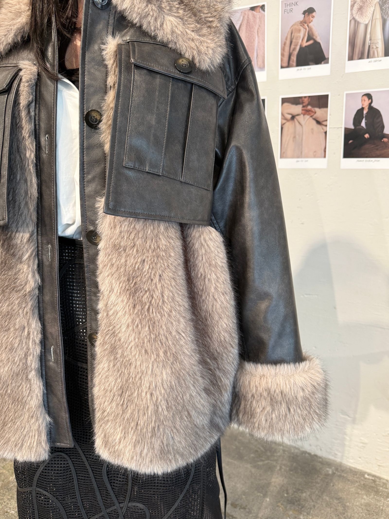 【25AW】Leather Docking Fur Jacket (ブラック) / レザードッキングファージャケット / エコファー / フェイクファー