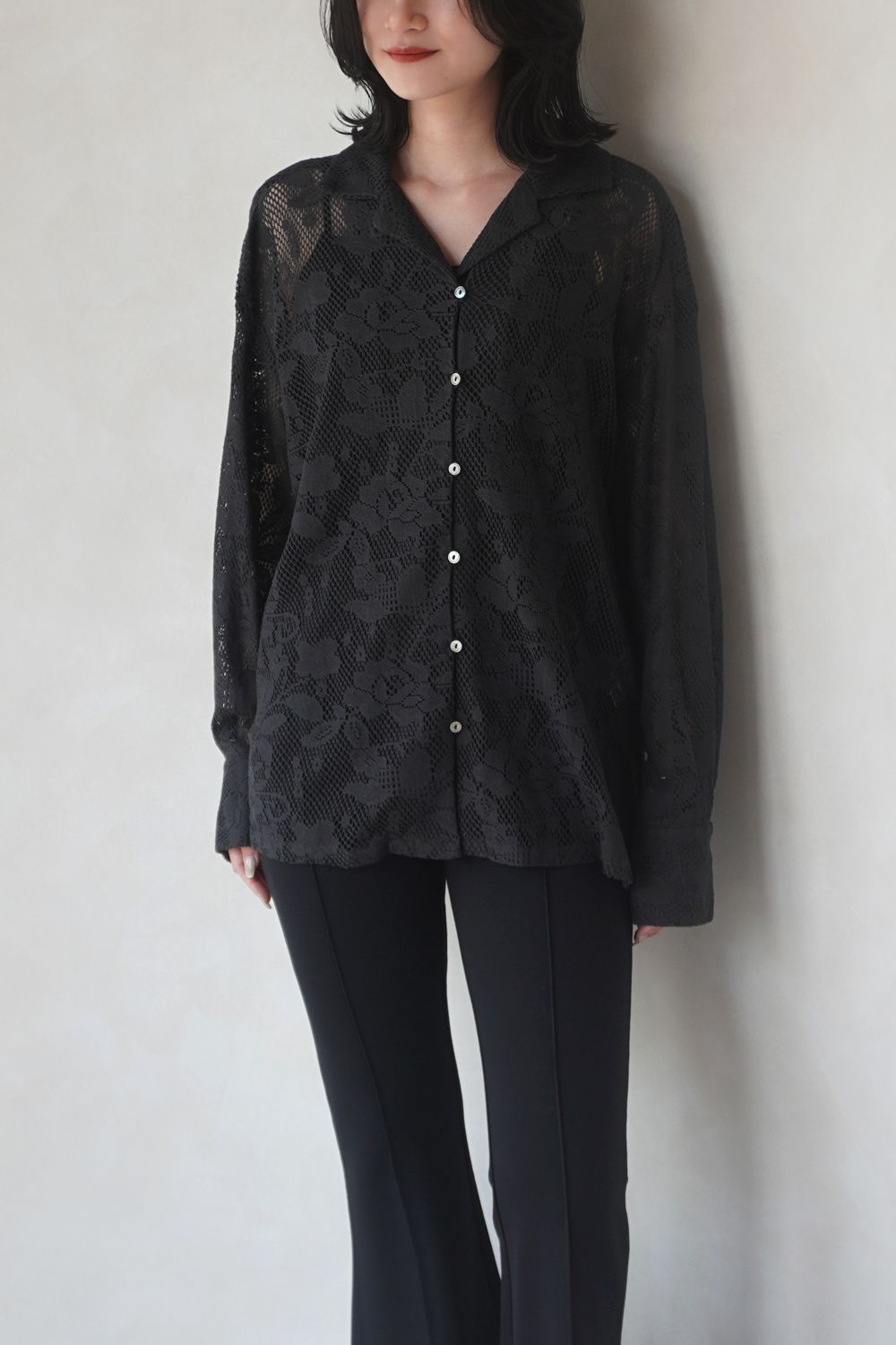 OPEN COLLAR RACE SHIRT / オープンカラー レースシャツ (ブラック)