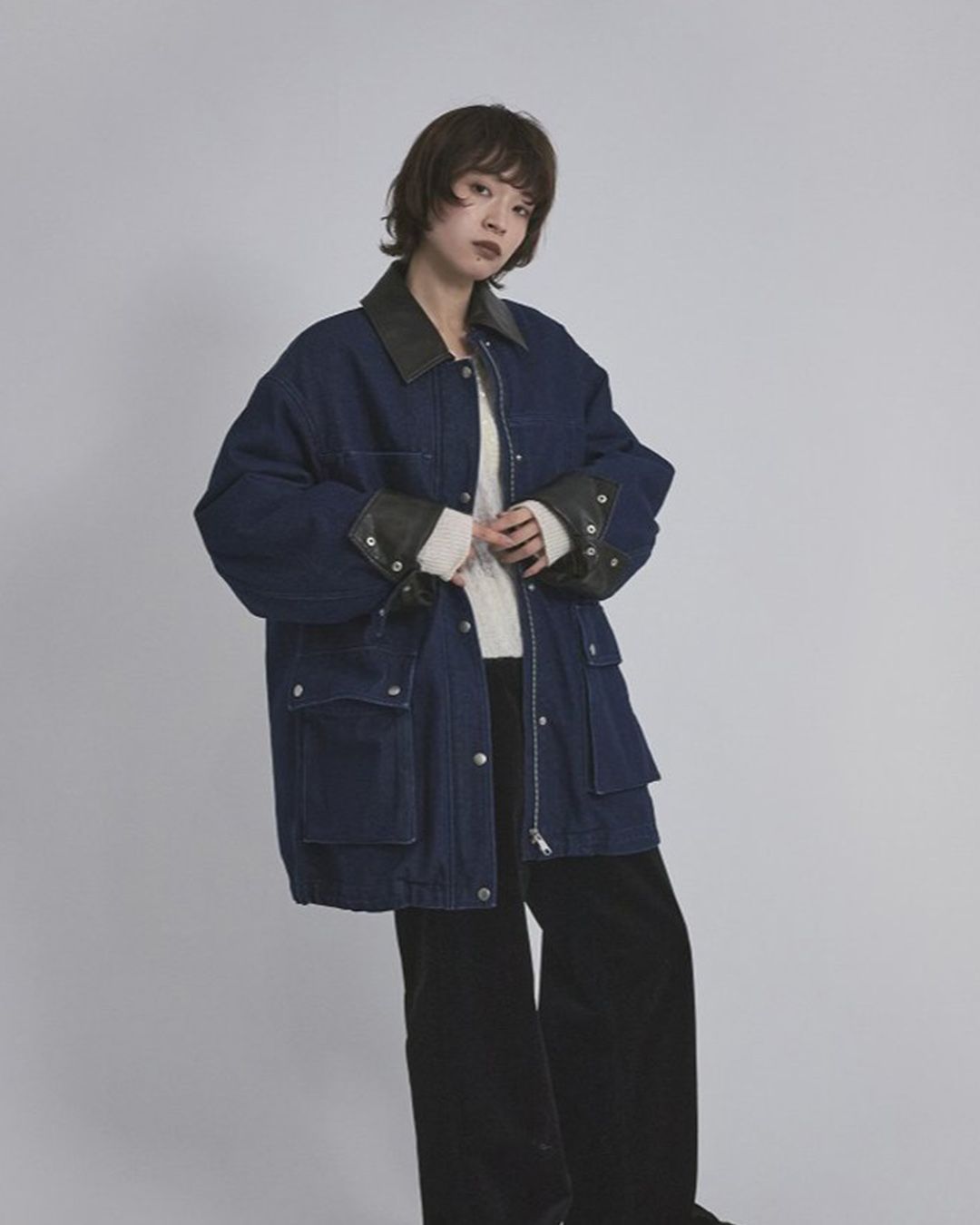【先行予約】【26TH-02】フェイクレザーカラー カバーオール (ネイビー) Fake Leather Collar Coverall (Navy) /  エコファー  /  フェイクファー 【受注期間6/14 23:59まで】