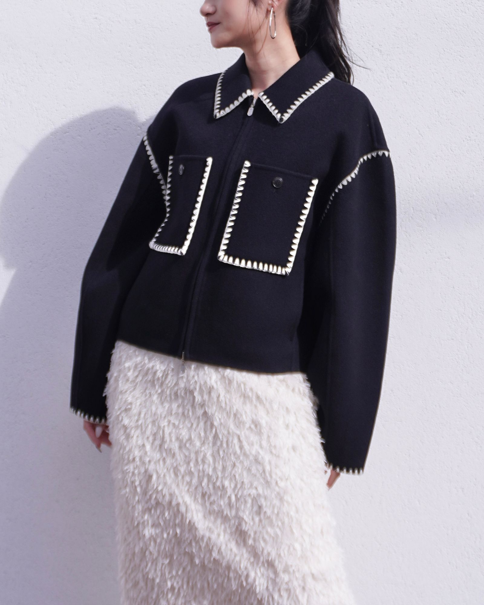 【25AW】WOOL EMBROIDERY SHORT ZIP JACKET / ウールエンブロイダリー  (ブラック)