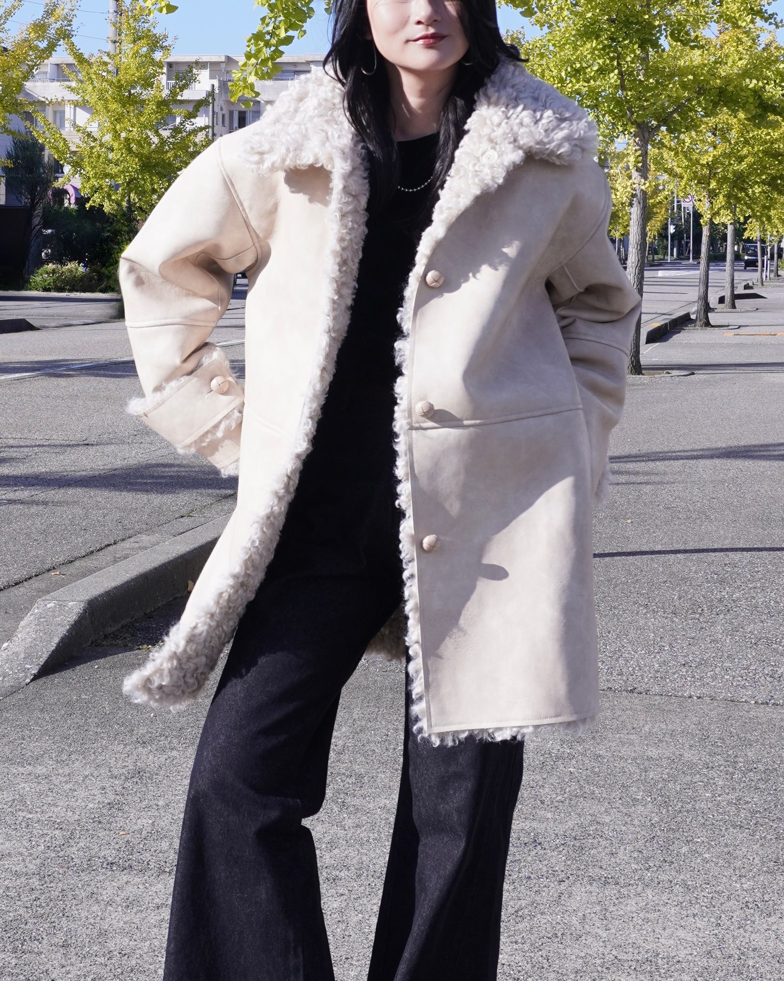 【25AW】Vintage Like Fake Mouton Reversible Coat (クリーム) / ヴィンテージライクムートン リバーシブルファーコート / エコファー / フェイクファー