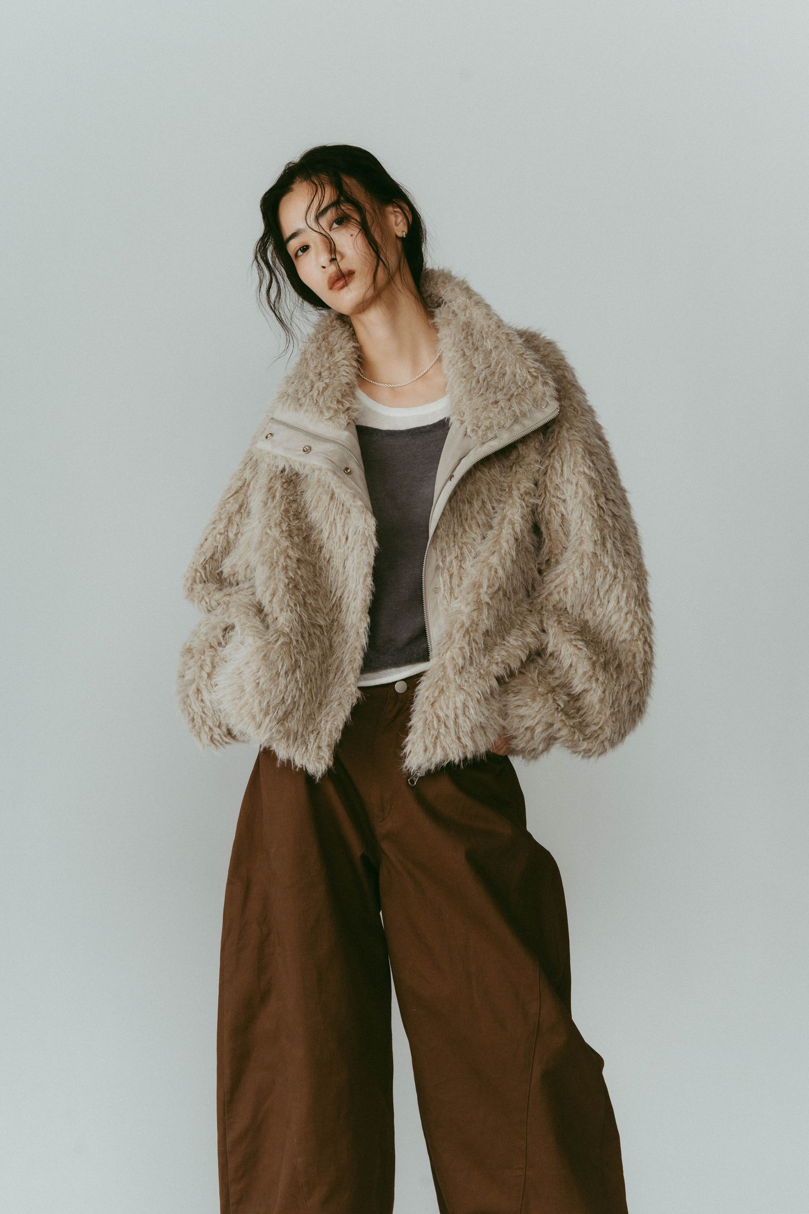 shaggy stand collar coat / シャギースタンドカラーコートブルゾン (アイボリー) / 25AW