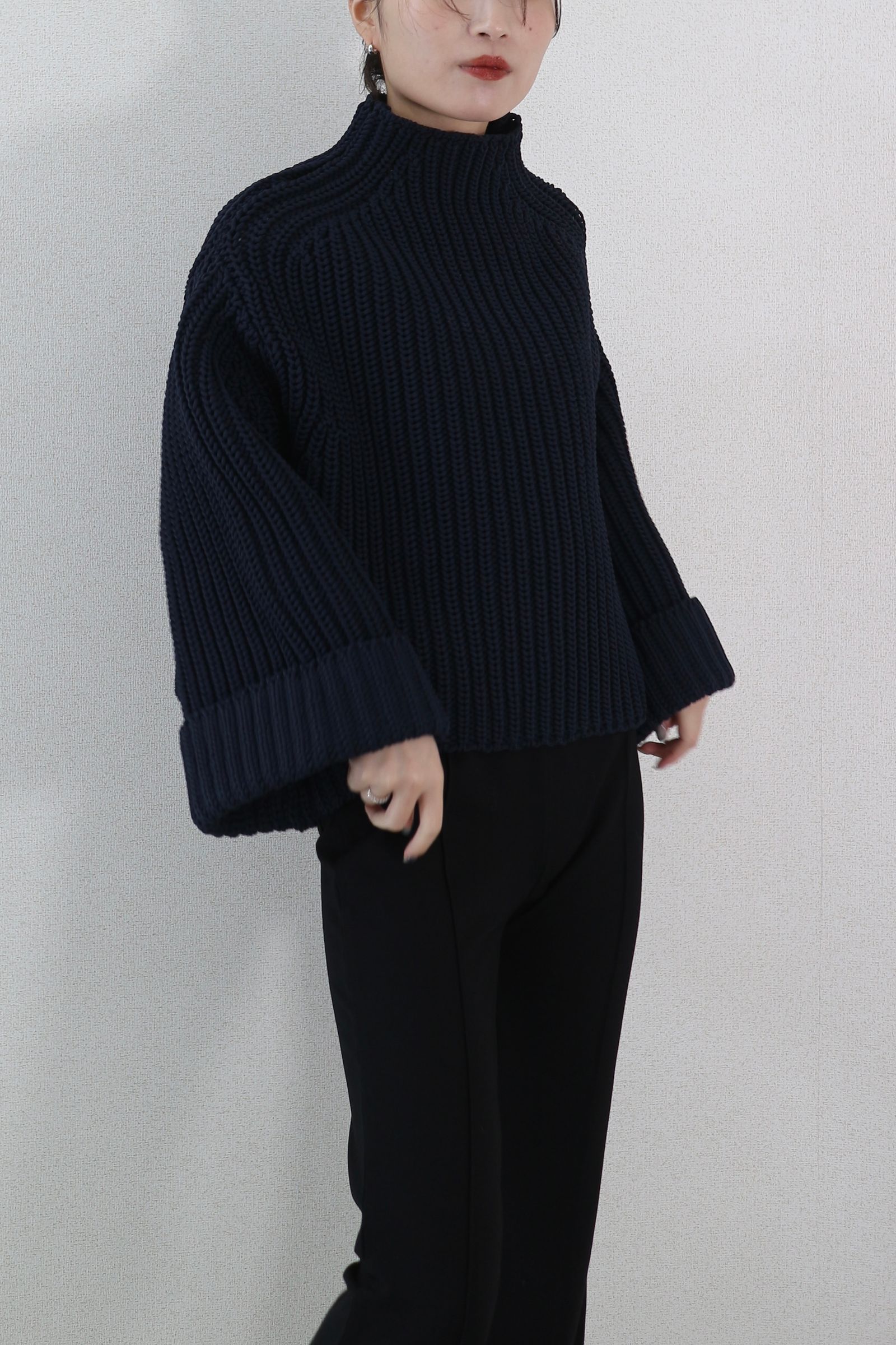 LOW GAUGE MOCK NECK KNIT TOPS / ローゲージモックネックニットトップス (ネイビー)