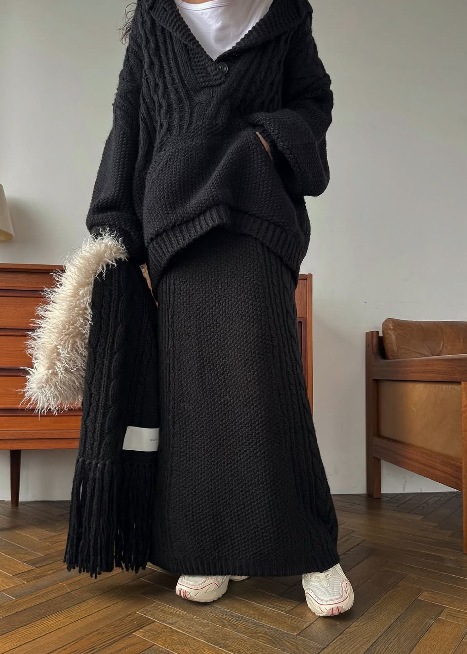 coarse knit cable fringe muffler / フリンジケーブルニットマフラー (ブラック) / 25AW