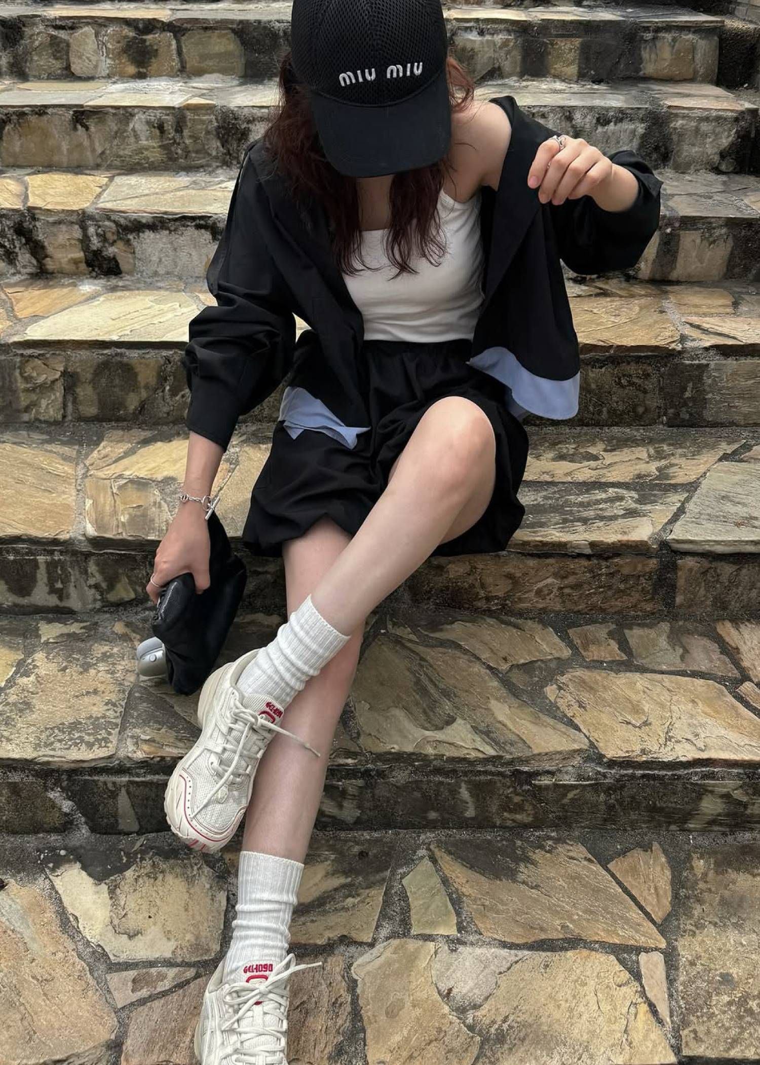 UVカット フーディトップス (ブラック) UV cut layered hem shirt hoodie tops (Black) /  26SS