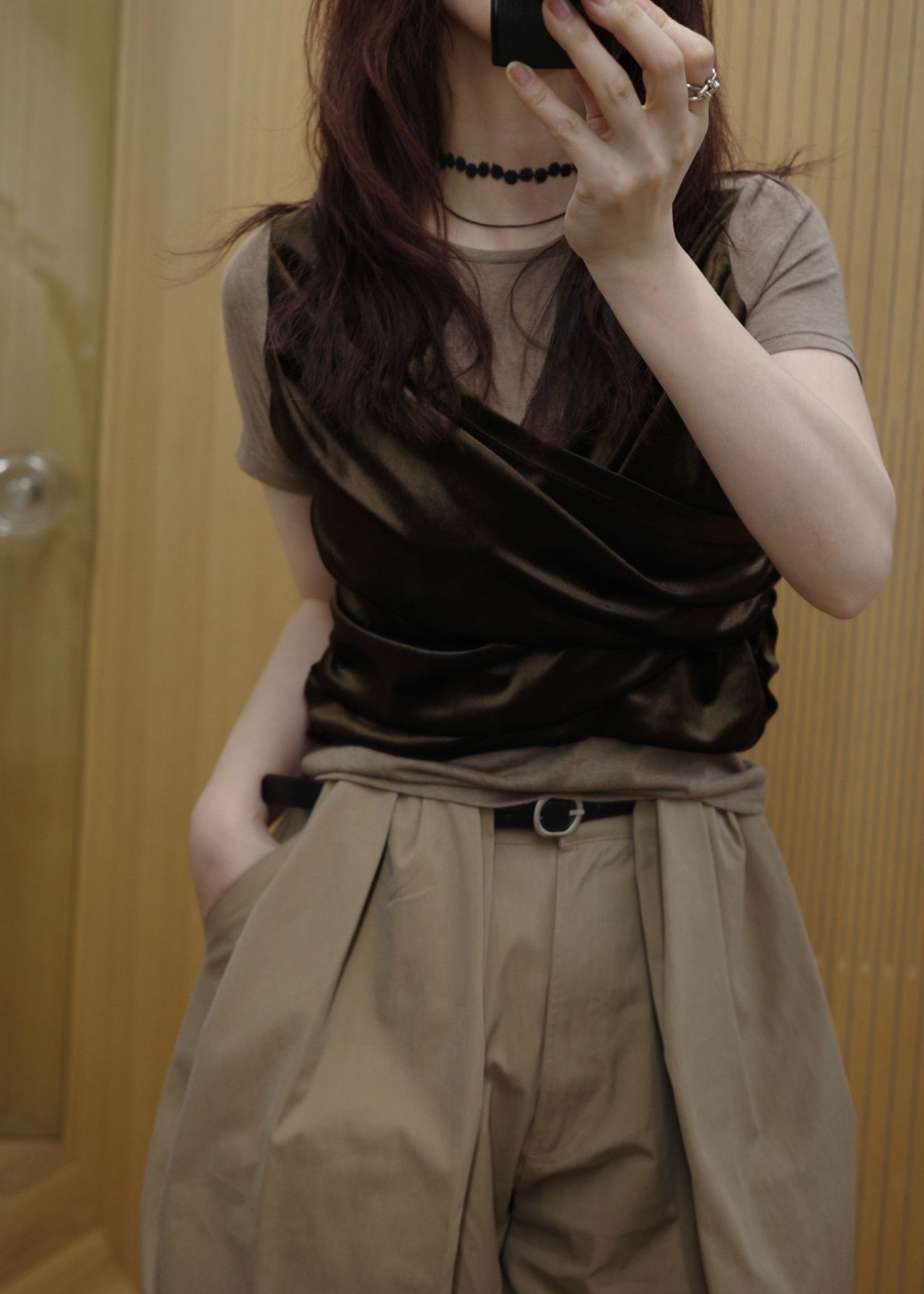 ベロア ドレープ Tシャツ (カフェモカ) cache coeur mix slub velour tops (Caffe mocha) /  26SS