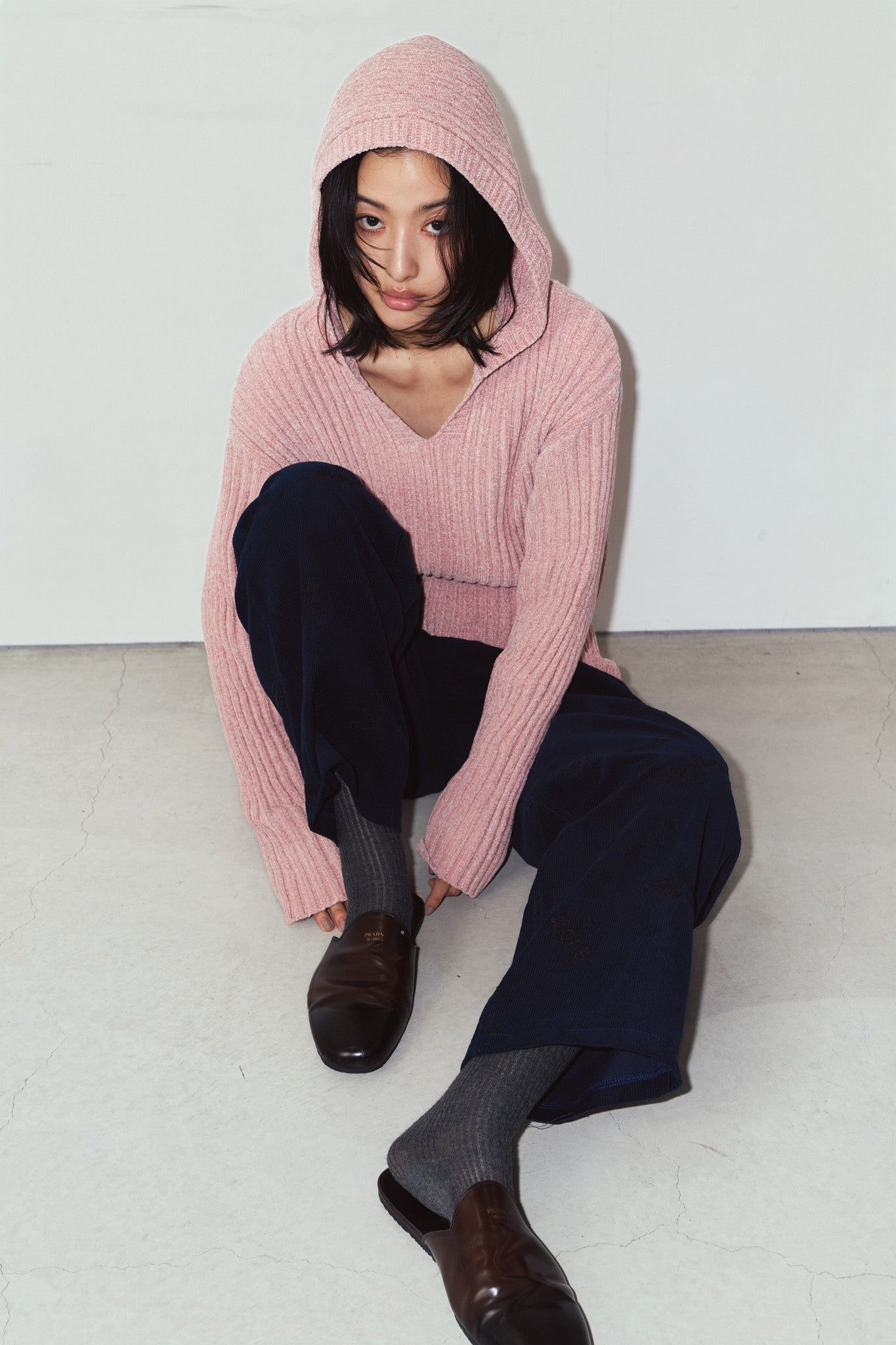 ブークレ ニット フーディ (ピンク) rib hoodie boucle knit (Pink) / 26AW