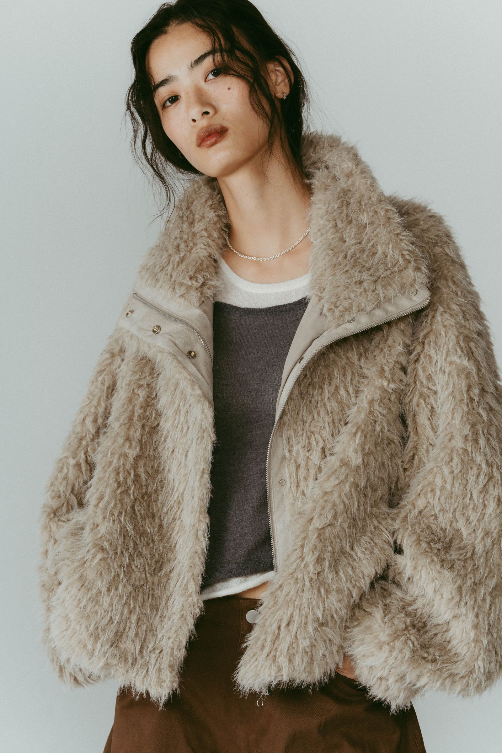 shaggy stand collar coat / シャギースタンドカラーコートブルゾン (アイボリー) / 25AW