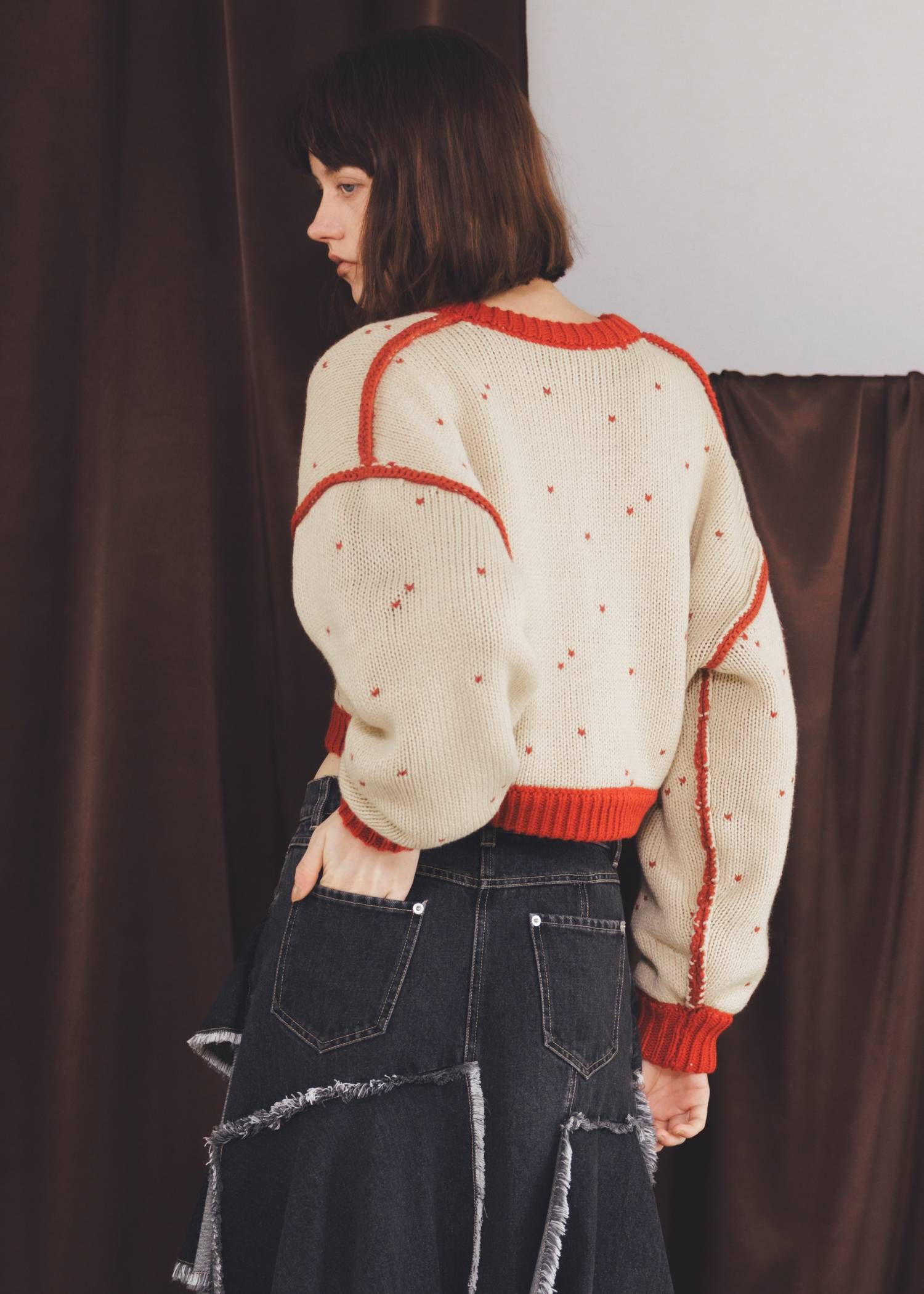 【ショート】ハートドット リバーシブルカーディガン (レッド×タン) short heart dot jacquard reversible knit cardigan (red×tan) /  26SS