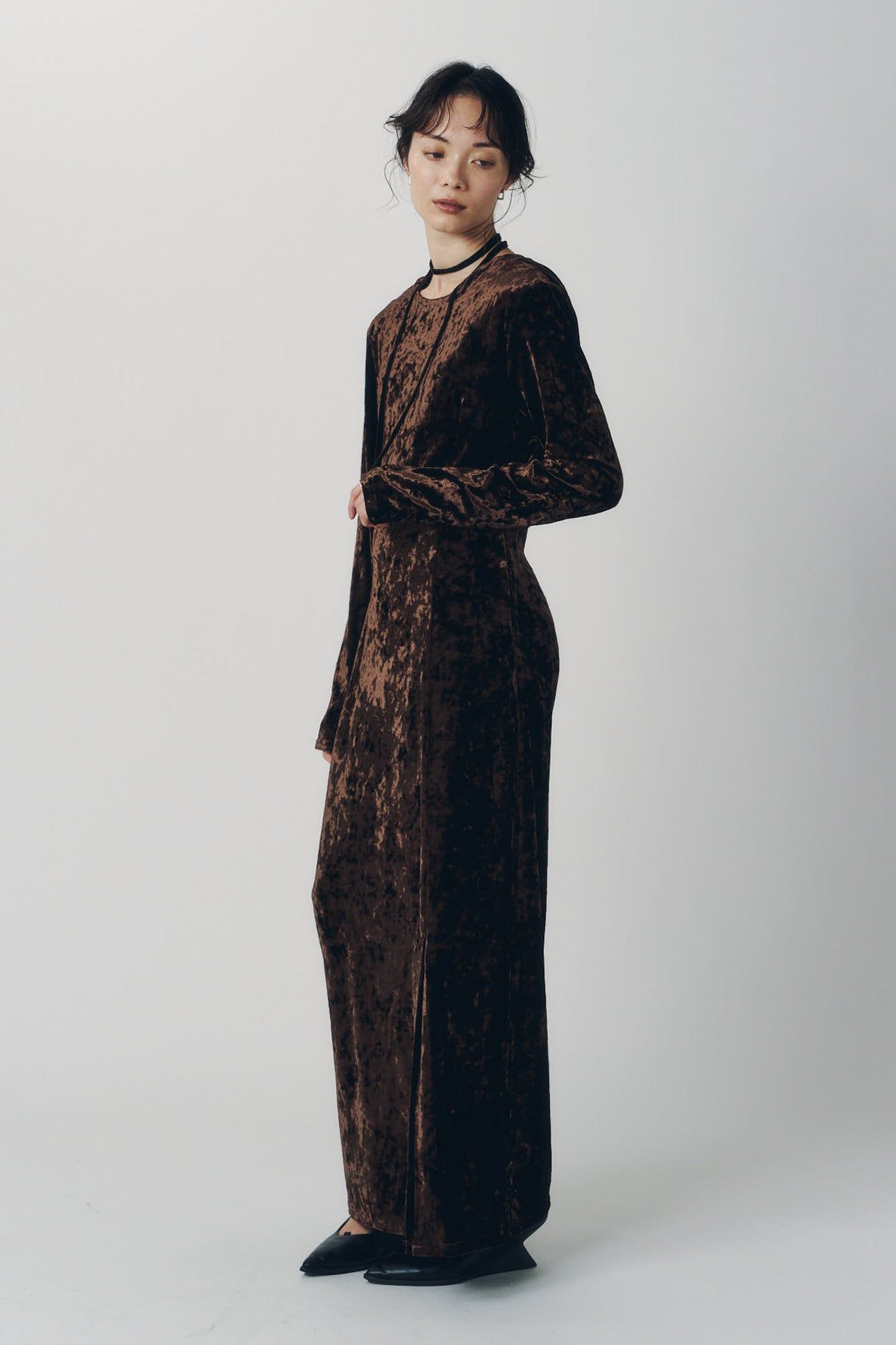 2ウェイ ベロアドレープドレス (ブラウン) 2way draped velour dress (Brown) / 26AW