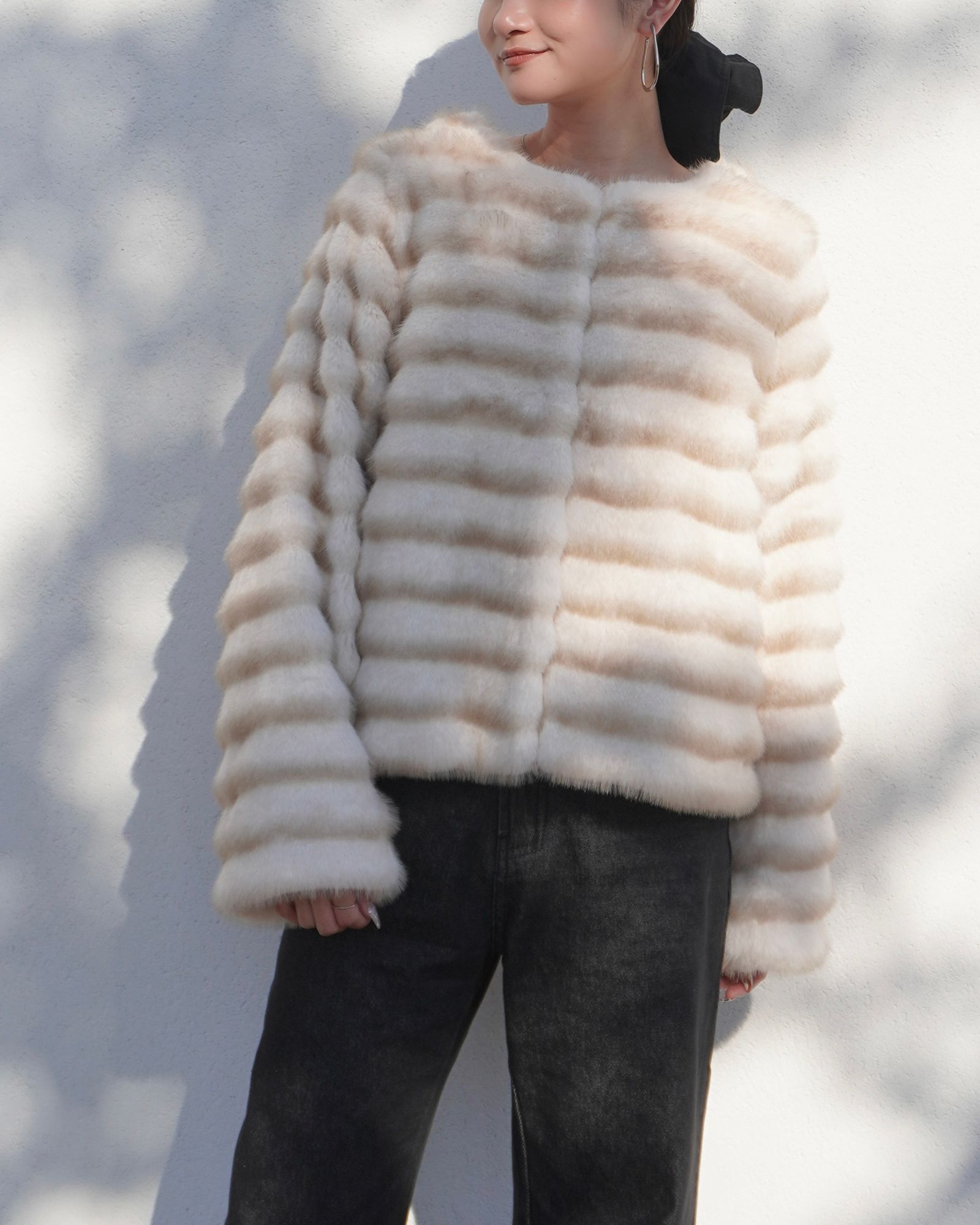【25AW】Gradation Border Fur Jacket (アイボリー) / グラデーションボーダーファー ジャケット / エコファー / フェイクファー