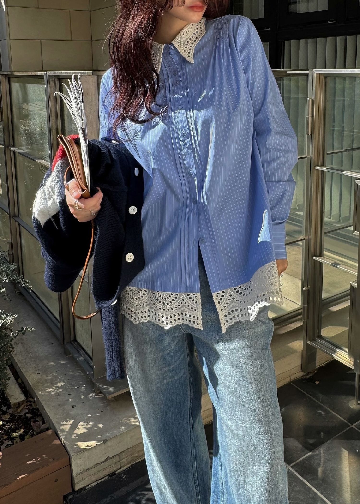 lace collar hem shoulder pintuck SH / レースヘムショルダー ピンタックシャツ (サックス) / 25AW /