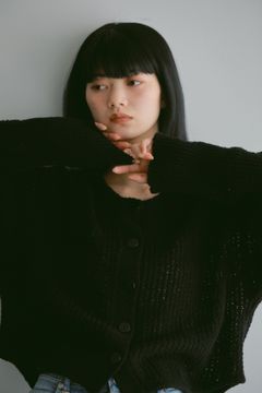 透かし編みラウンドニットカーディガン (ブラック)