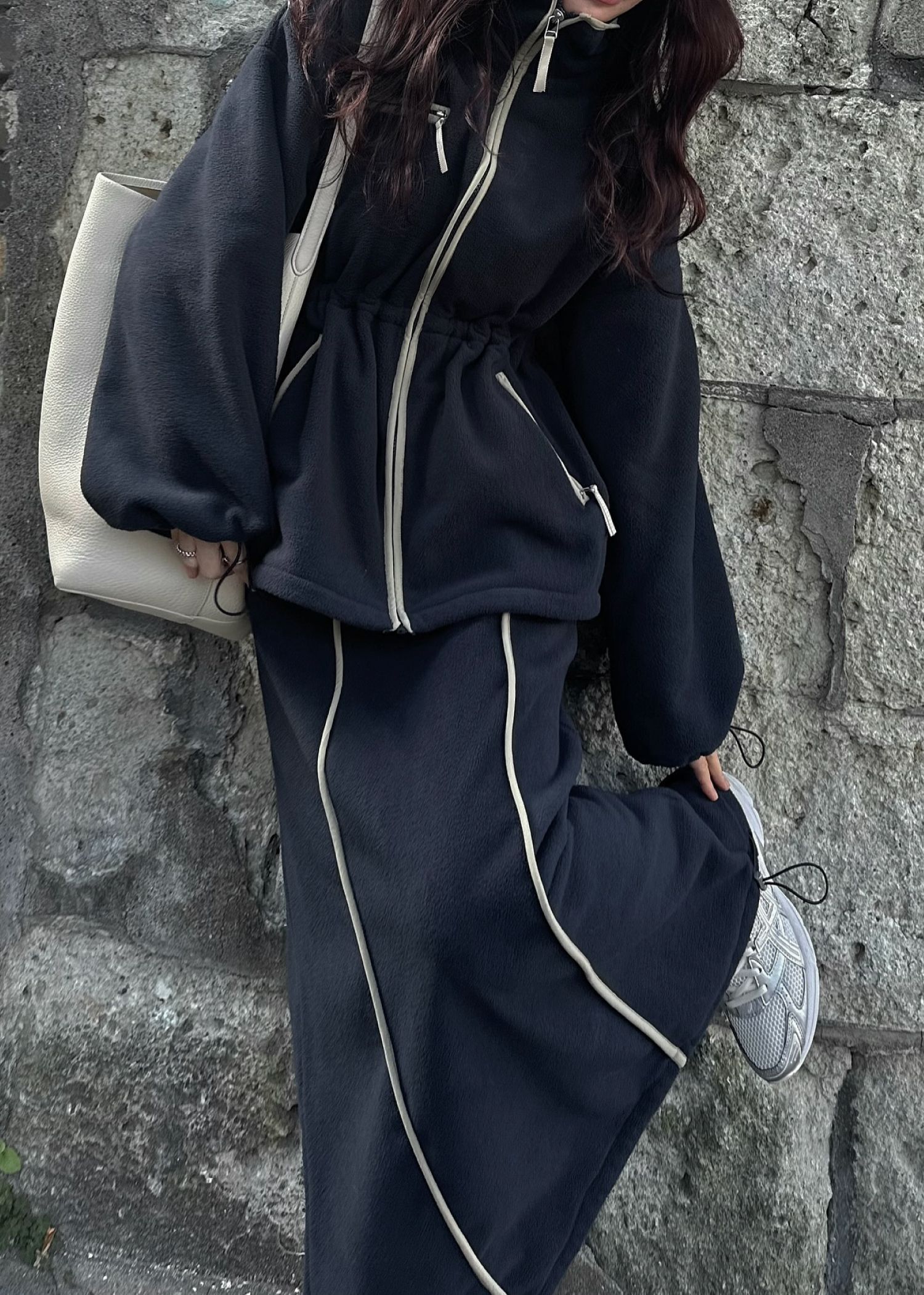 bi color piping fleece drawstring tops / バイカラー フリーストップス (ネイビー) / 25AW /