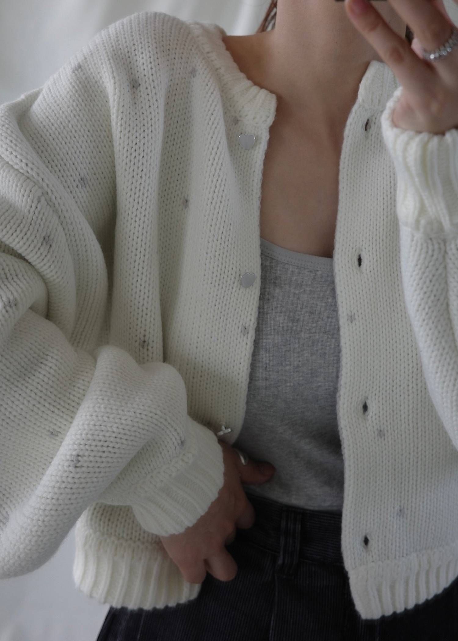 【ショート】ハートドット リバーシブルカーディガン (アイボリー×アイス) short heart dot jacquard reversible knit cardigan (ivory×ice) /  26SS