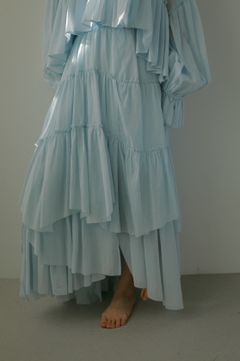 【新カラー】COTTON TIERED SKIRT / コットンティアードスカート (サックス) ミモレ丈 / ウエストゴム / ペチコート付き
