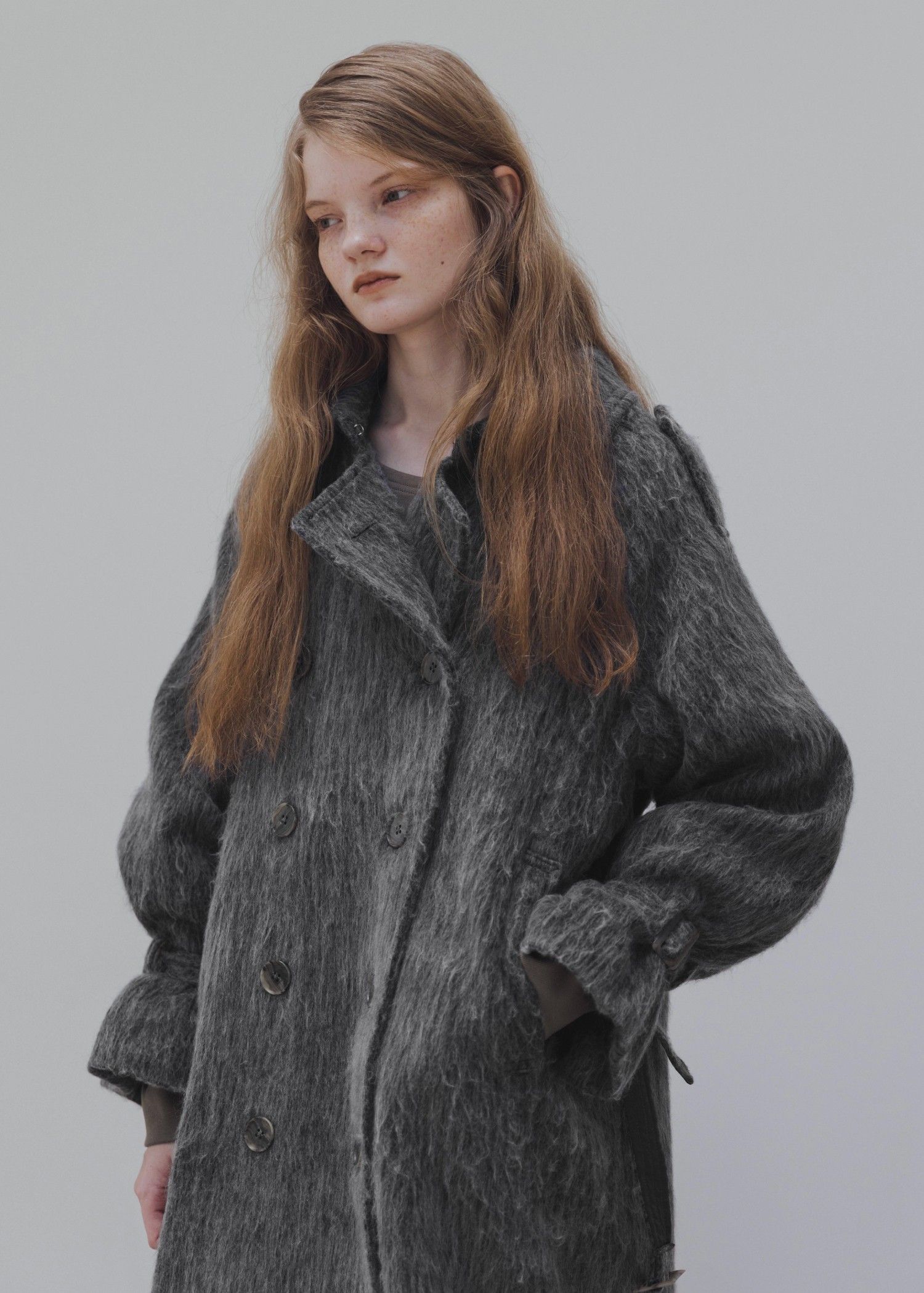 shaggy volume sleeve trench long coat / シャギー トレンチコート (チャコール) / 25AW /