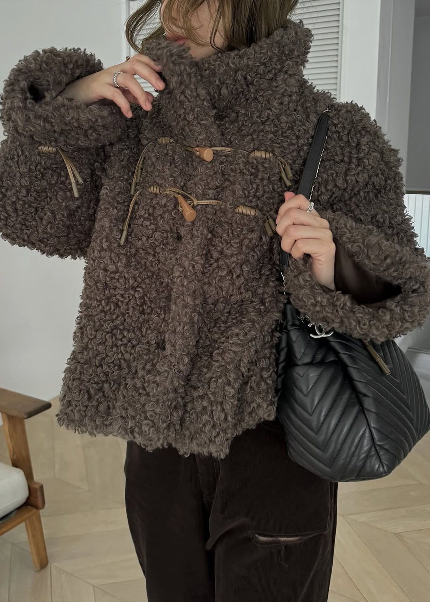 poodle fur cord toggle short JK / プードルファー トグルショートジャケットコート (ブラウン) / 25AW