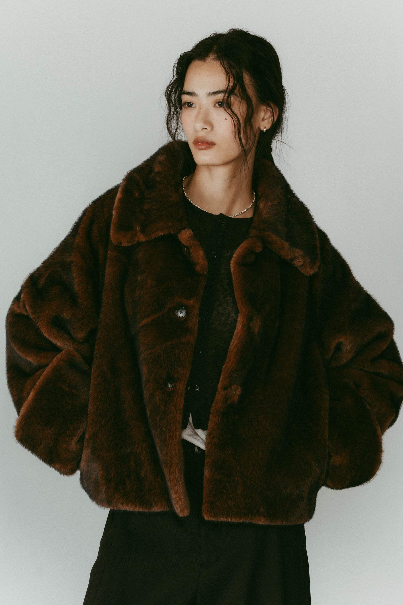 point collar fur coat / ポイントカラー ファーコートジャケット (ブラウン) / 25AW