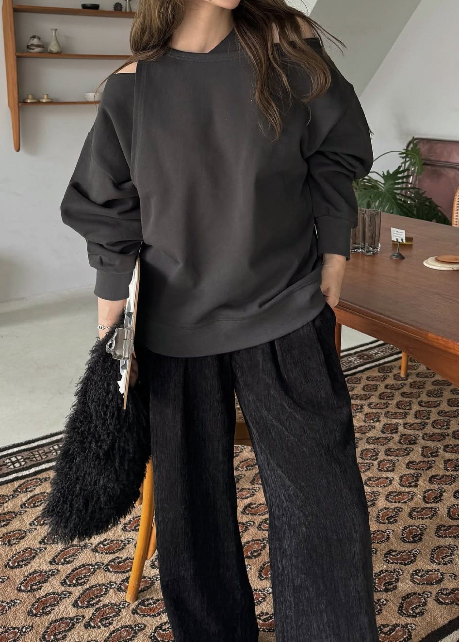 asymmetry 2 piece layered sweat / 2ピースレイヤードスウェット (ブラック) / 25AW /