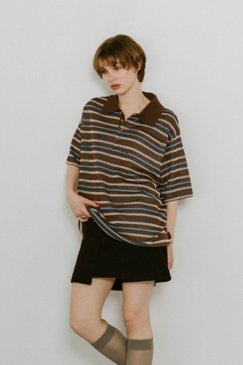 logo stripe polo knit (unisex) / ロゴストライプ ニットポロシャツ レギュラー丈 (ブラウン) / 25SS