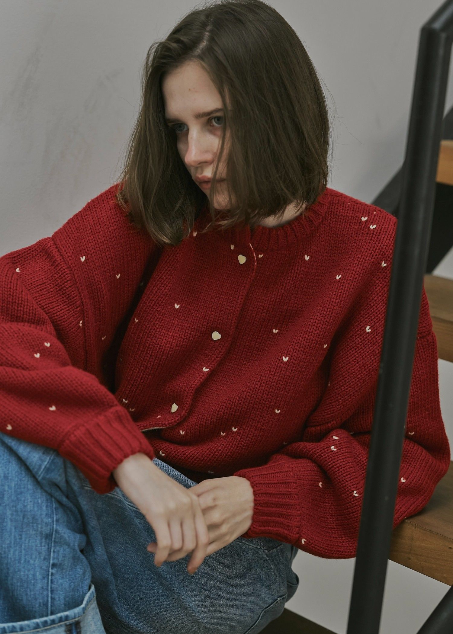 heart dot jacquard reversible cropped knit cardigan / ハートドット ジャガード リバーシブルクロップドカーディガン (レッド×タン) / 25AW