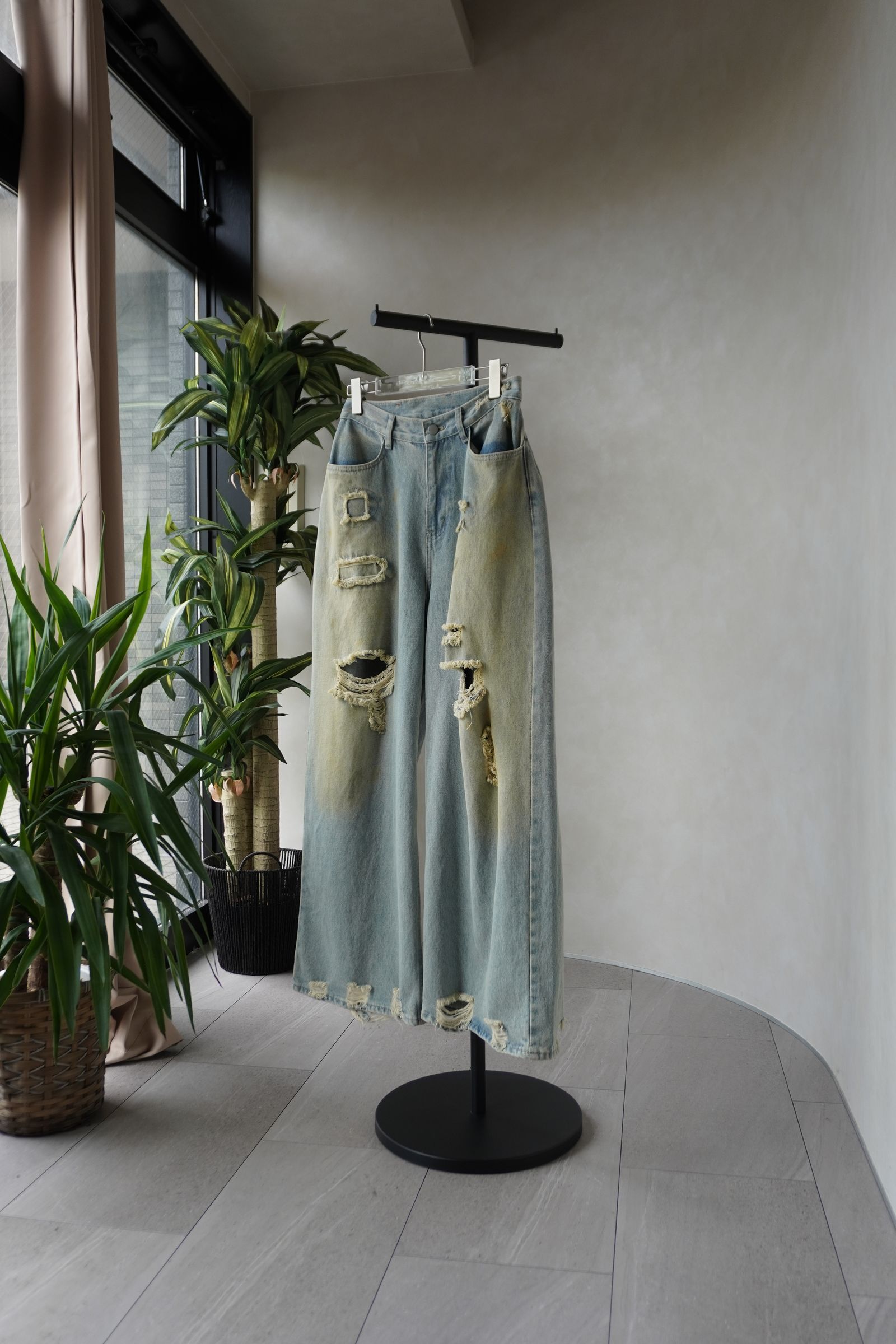 ダメージ デニムパンツ (サックスブルー) damage denim pants