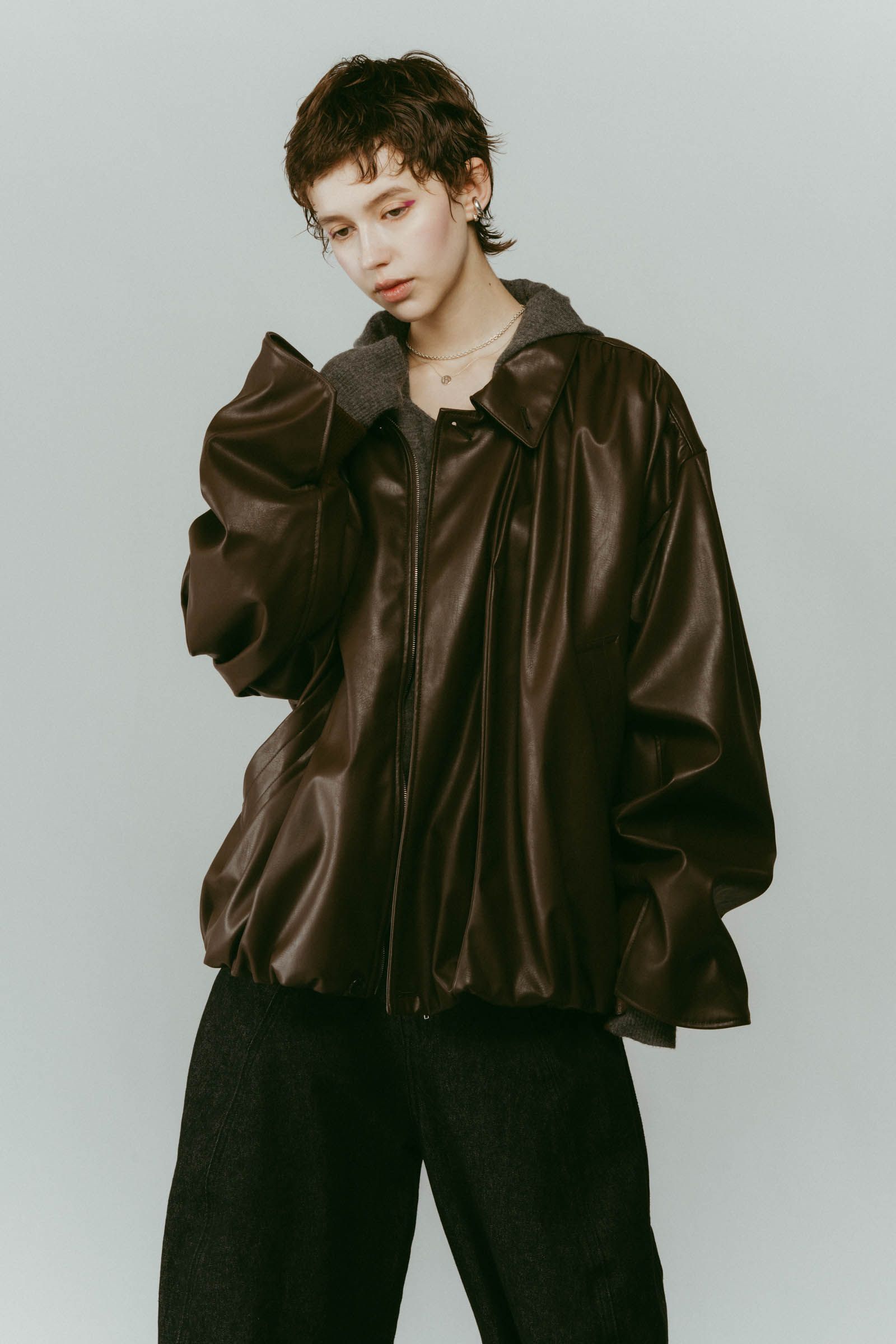 voluminous leather jacket(unisex) / ボリュームレザージャケットブルゾン (ブラウン) / 25AW