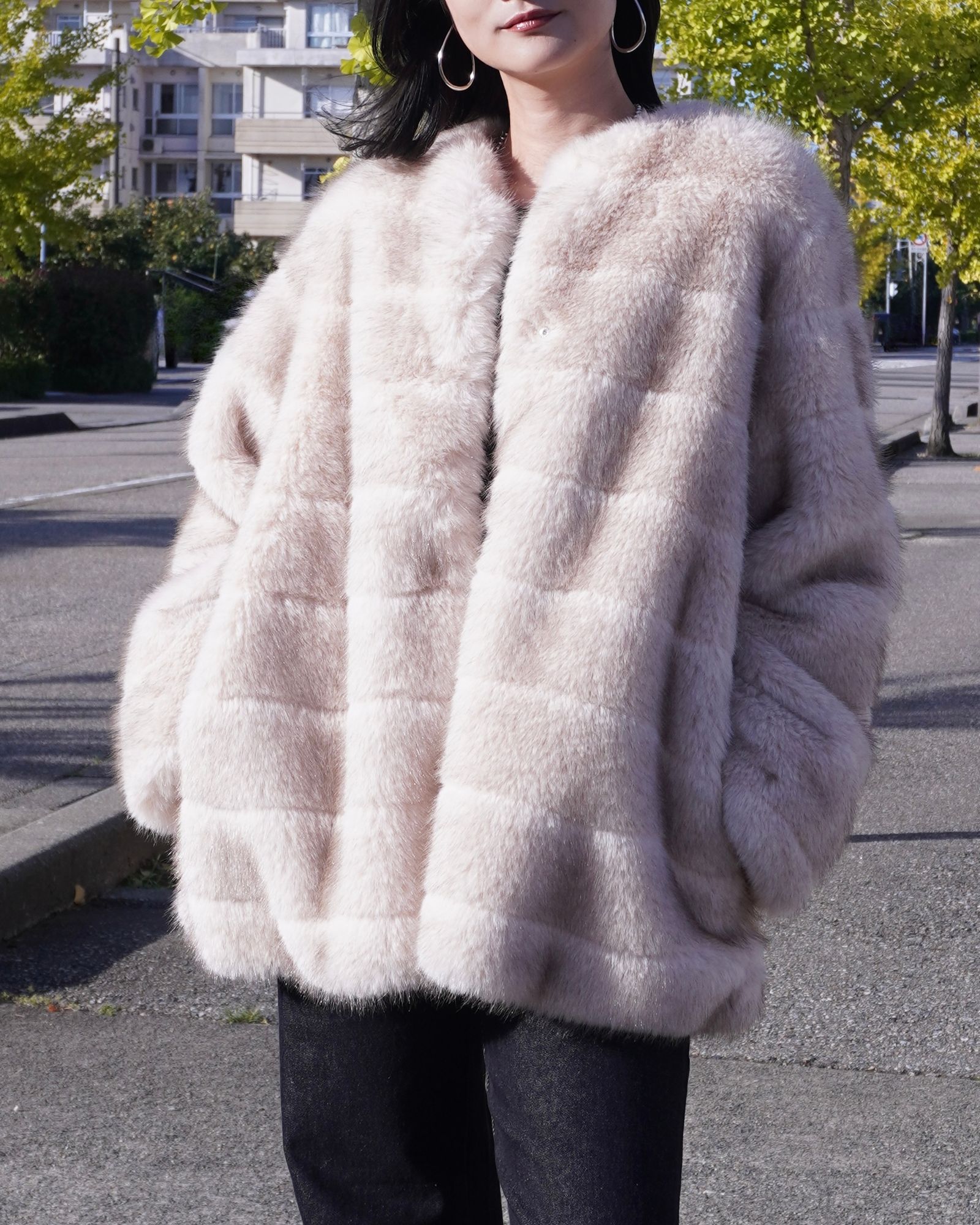 【25AW】Border Fur Coat (クリーム) / ボーダーファーコート / エコファー / フェイクファー