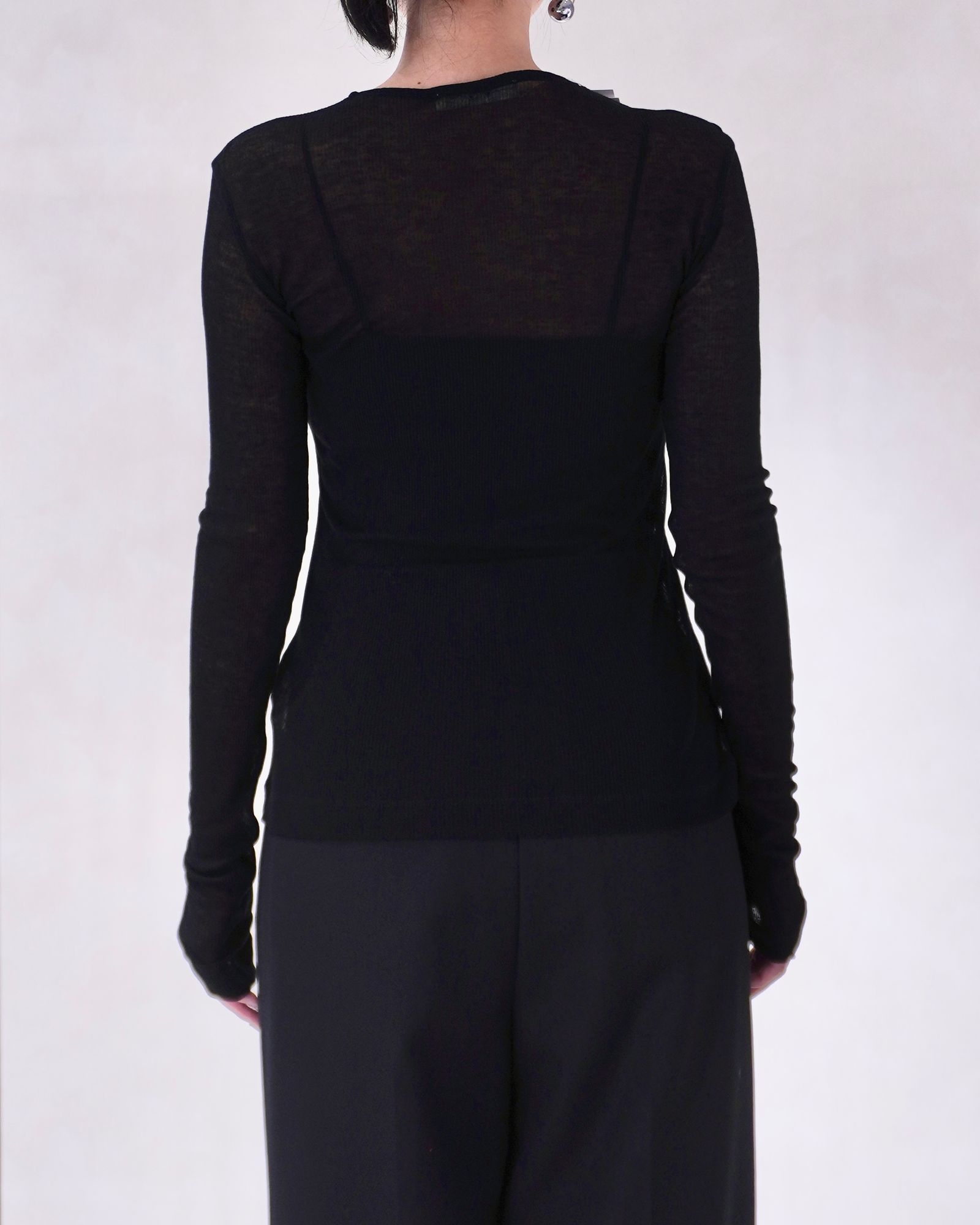 アシンメトリー リブトップス (ブラック) ASYMMETRIC PANEL SHEER RIB TOP (Black) / 26SS