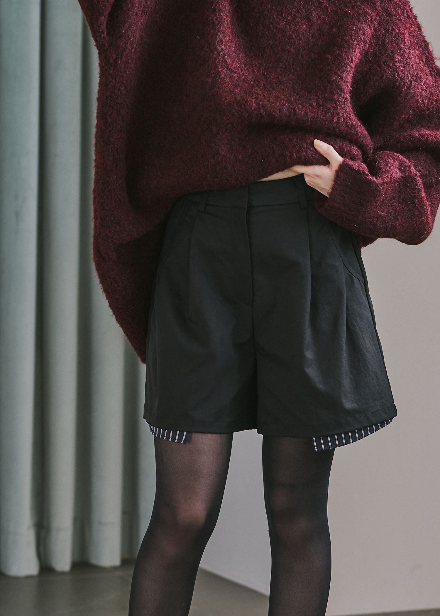 stripe pocket peep tuck chino S/PT / タックチノ ショートパンツ (ブラック) / 25AW