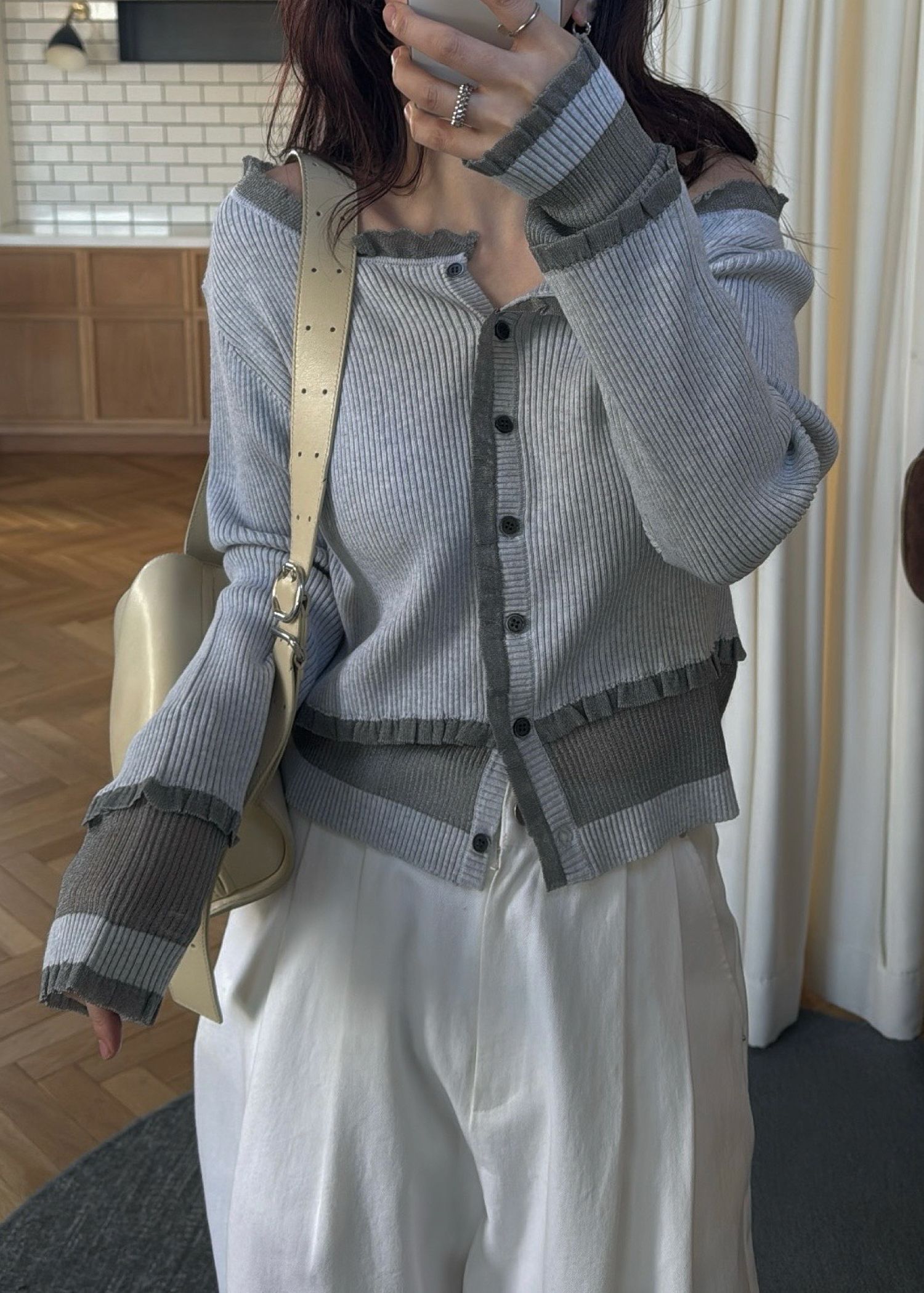 partial sheer frill knit cardigan / シアーフリル ニットカーディガン (Stone) / 26SS