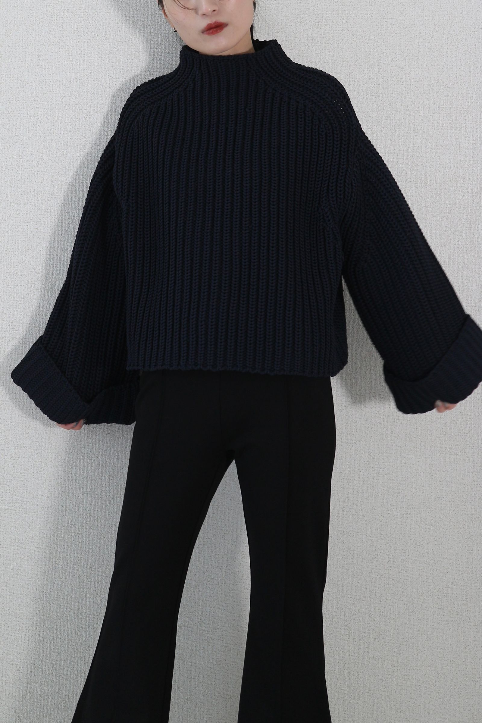 LOW GAUGE MOCK NECK KNIT TOPS / ローゲージモックネックニットトップス (ネイビー)