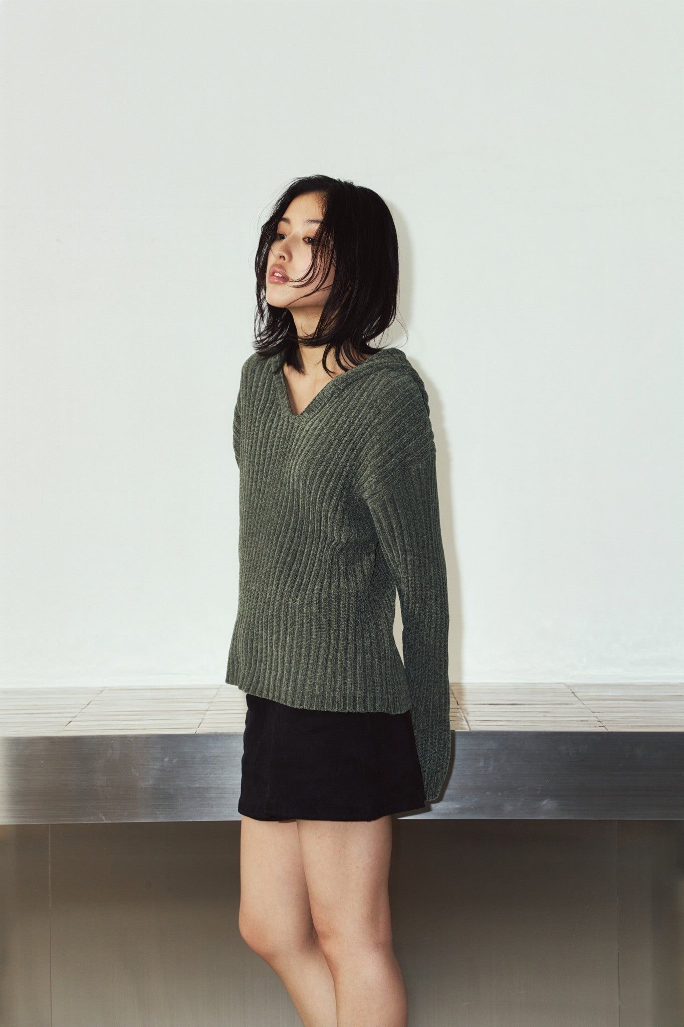 ブークレ ニット フーディ (カーキ) rib hoodie boucle knit (Khaki) / 26AW