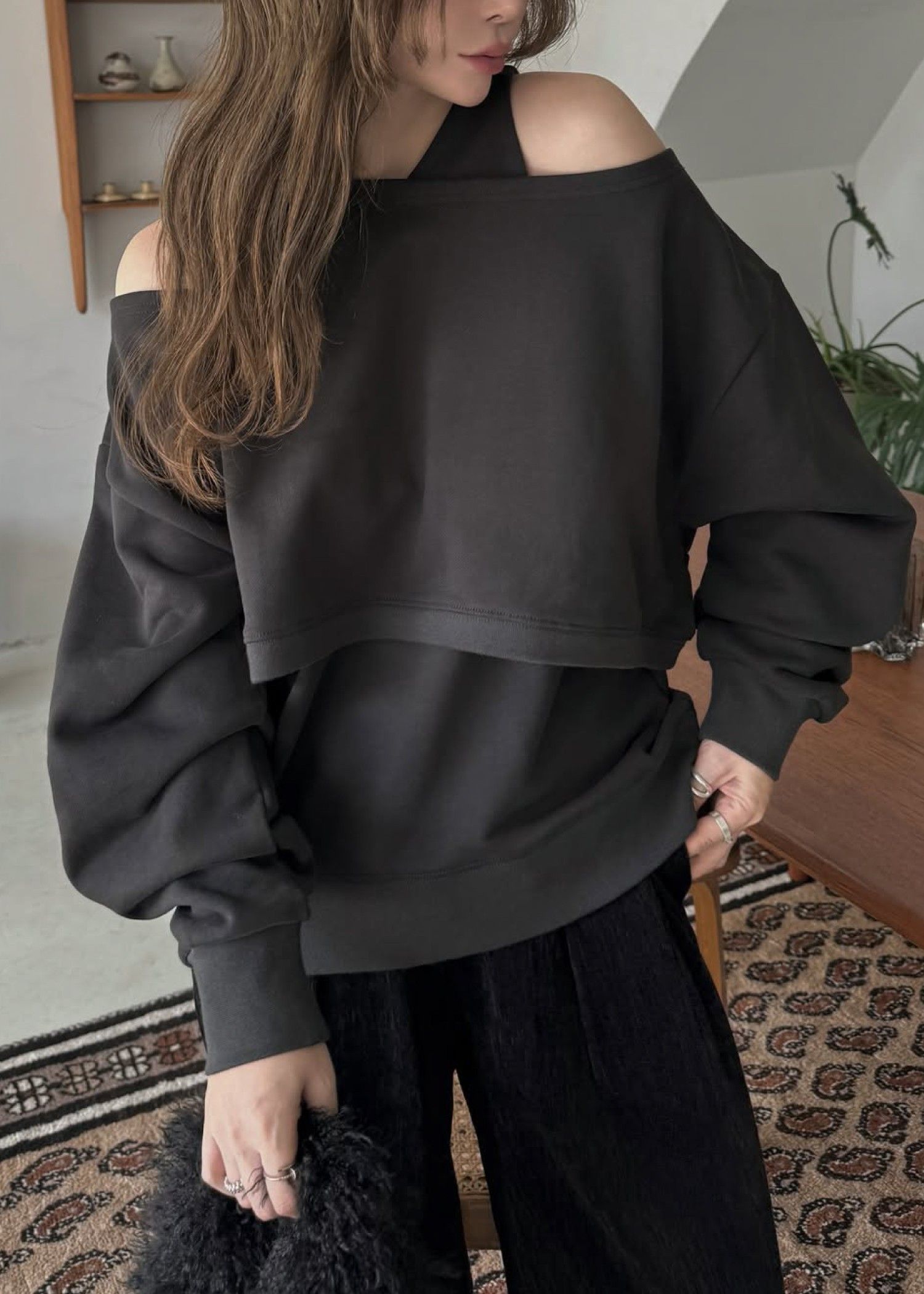 asymmetry 2 piece layered sweat / 2ピースレイヤードスウェット (ブラック) / 25AW /