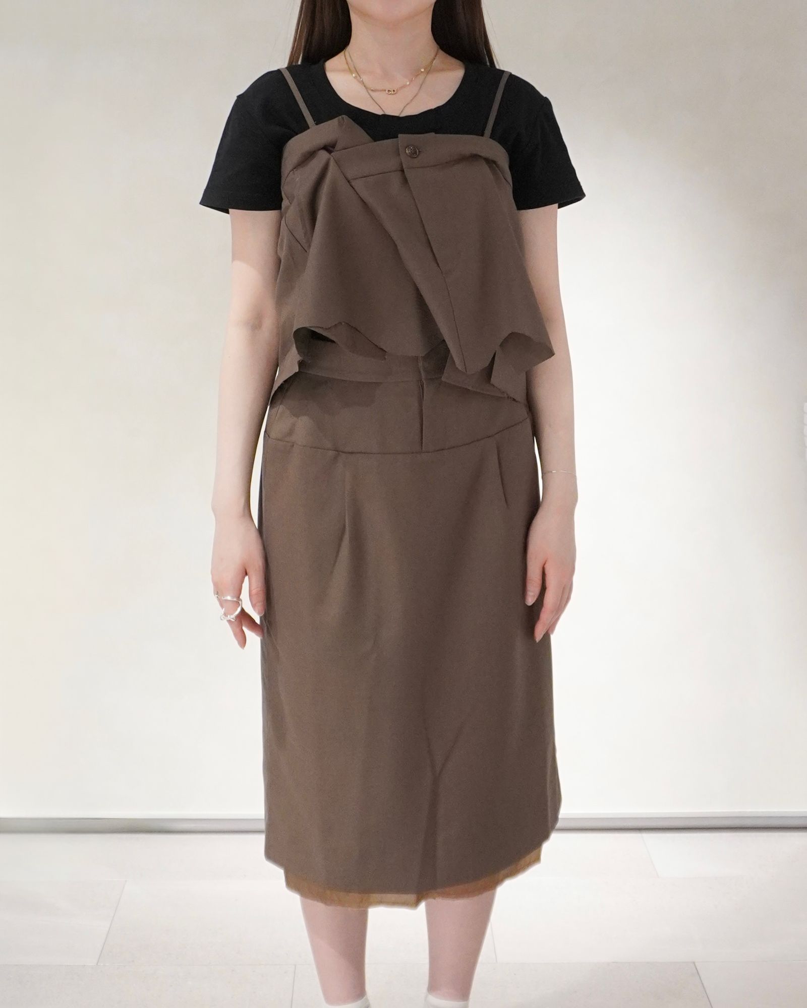 レイヤード ミディアム丈スカート (ブラウン) cut layered mid length skirt (Brown) /  26SS