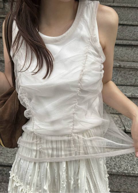 チュールリブタンク (ホワイト) gather tulle layered rib tank (White) /  26SS