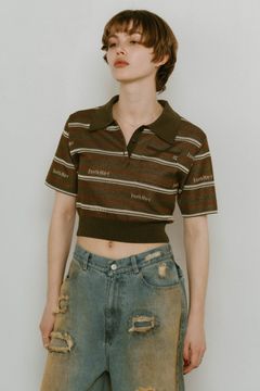logo stripe polo knit / ロゴストライプ ニットポロシャツ ショート丈 (カーキ) / 25SS