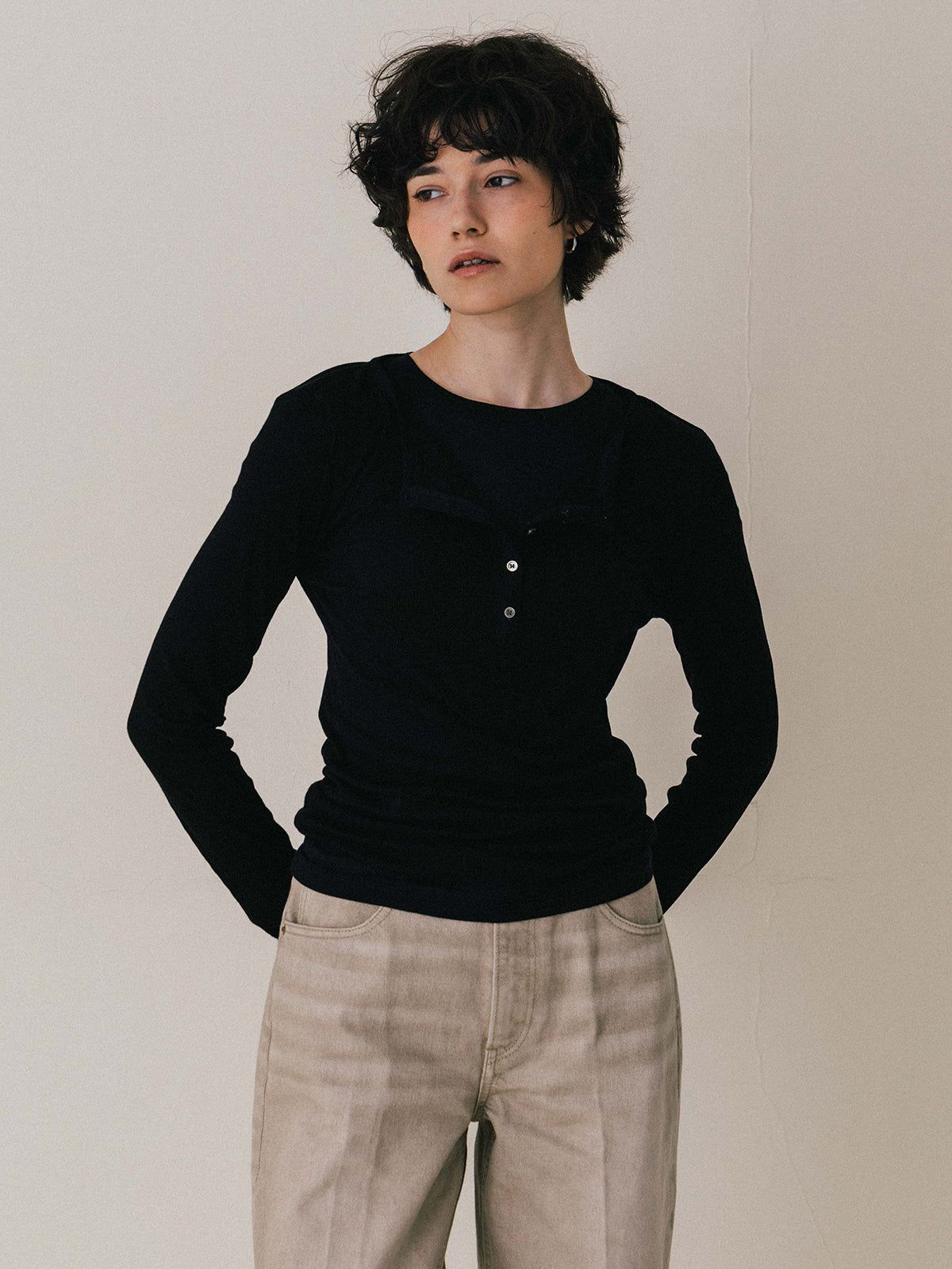 【25AW】LAYERED L/S HENLY TEE / レイヤード ロングスリーブ ヘンリーTシャツ (ブラック)