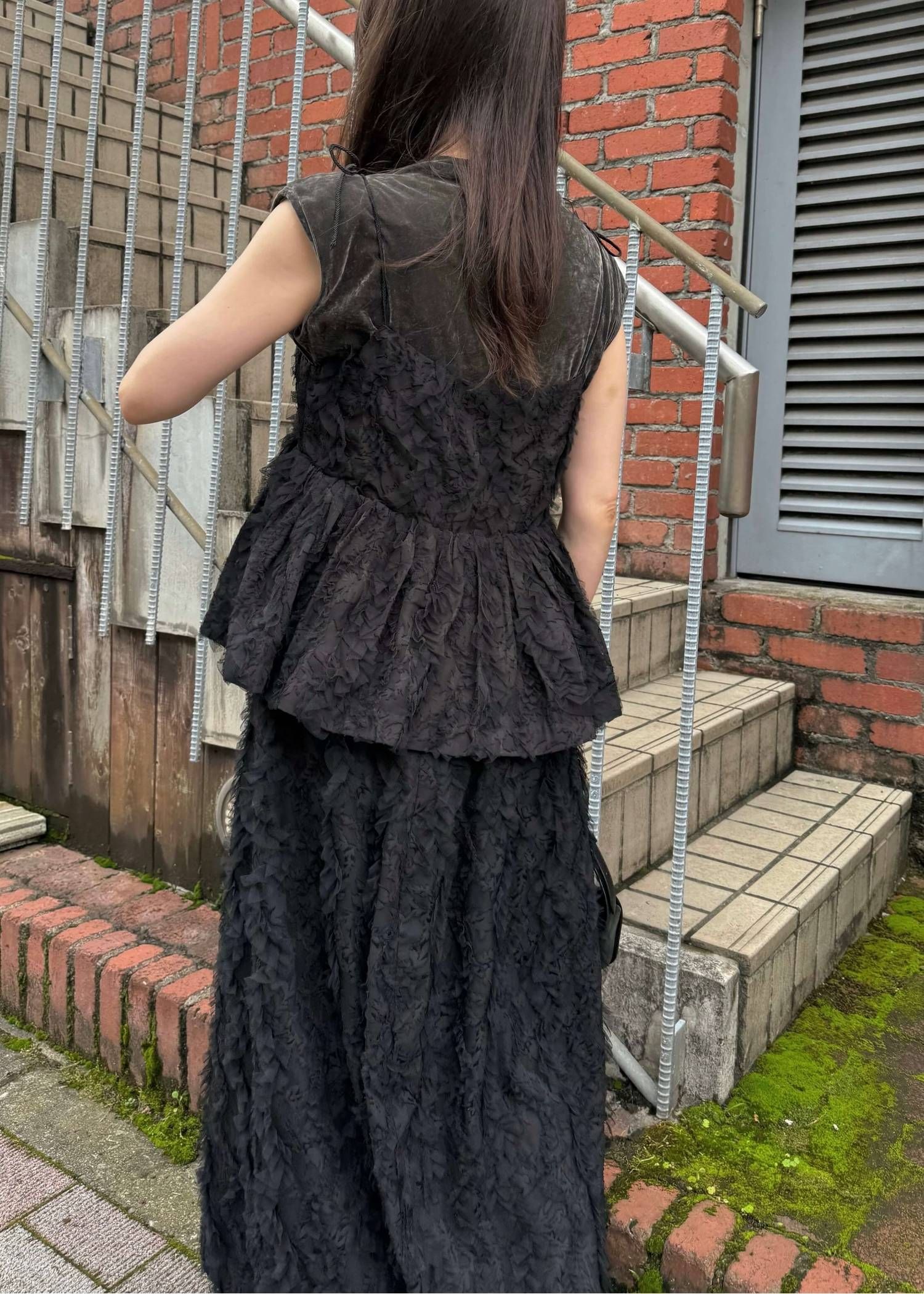 カットジャガード キャミソール (ブラック) cut jacquard tulle gather camisole (Black) /  26SS