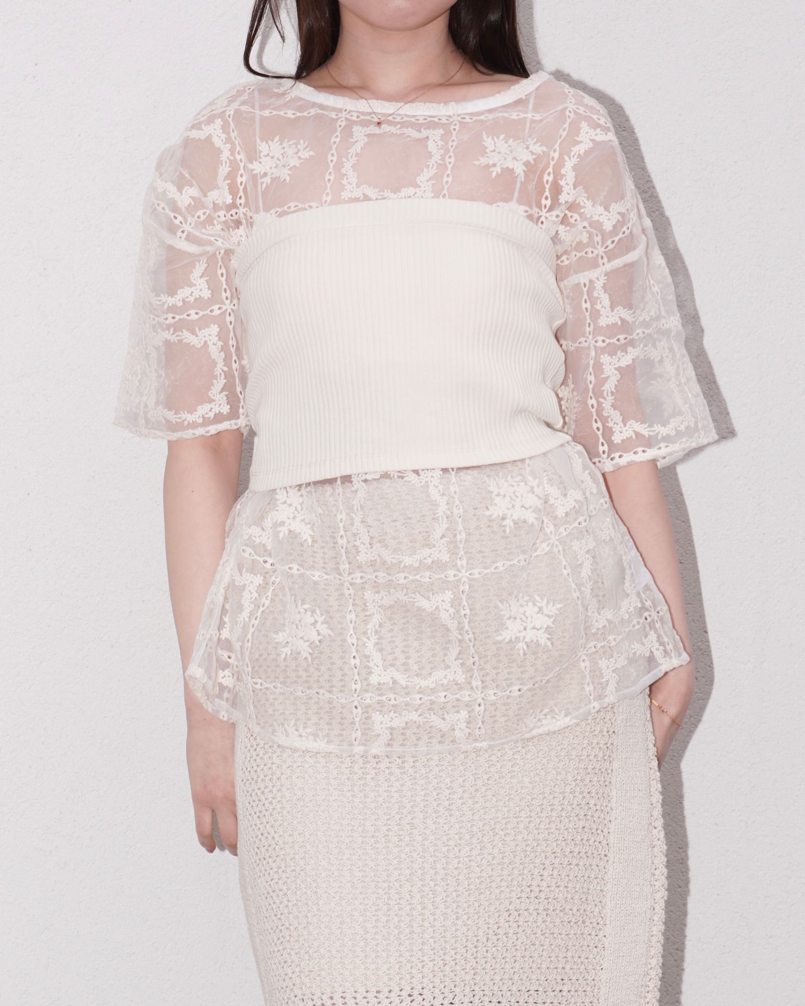 レースビッグTシャツ & リブトップス セット (ナチュラル) square lace big tee & rib tops SET (Natural) /  26SS