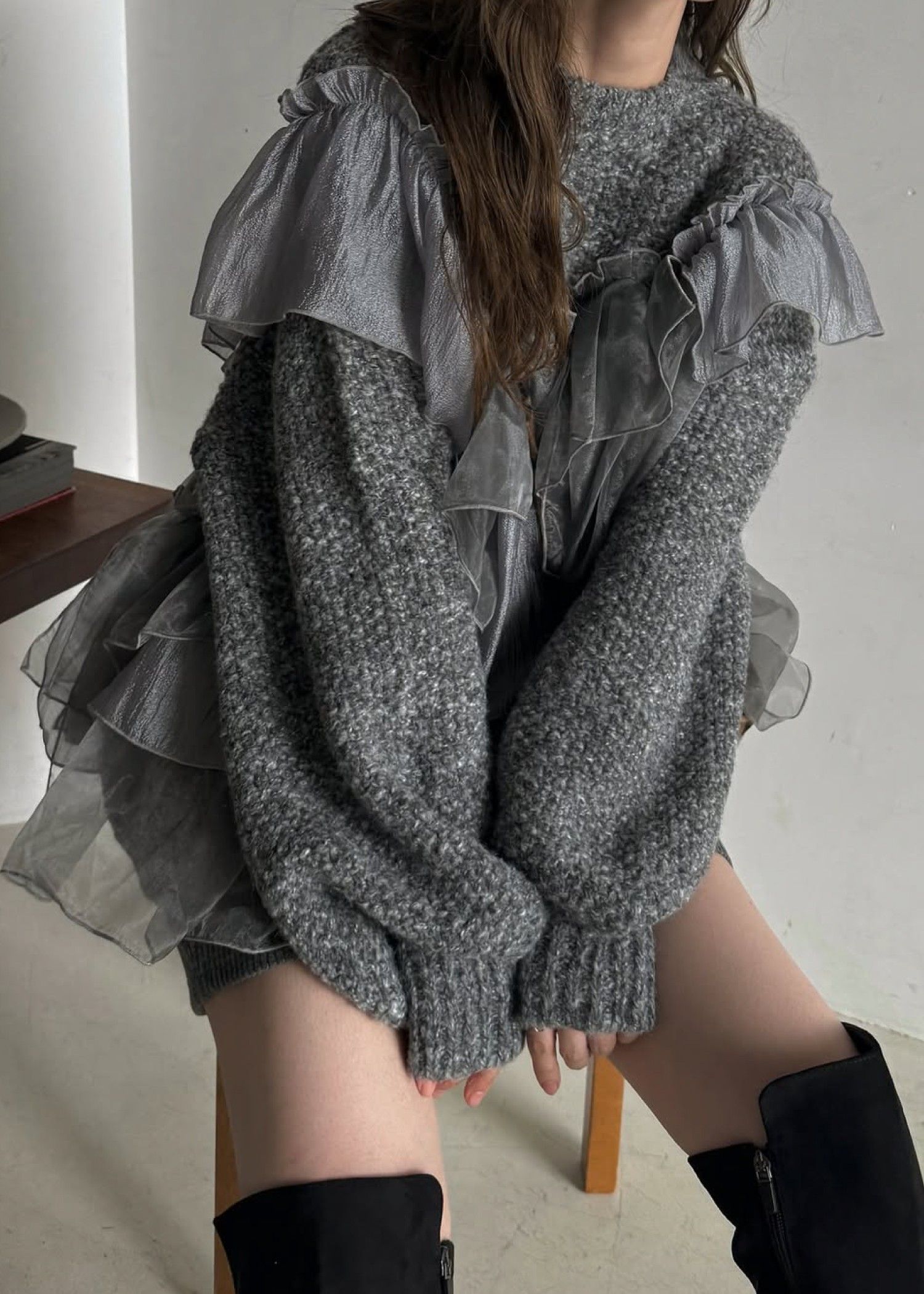 random frill placement volume sleeve knit / ランダムフリルニット (チャコール) / 25AW /