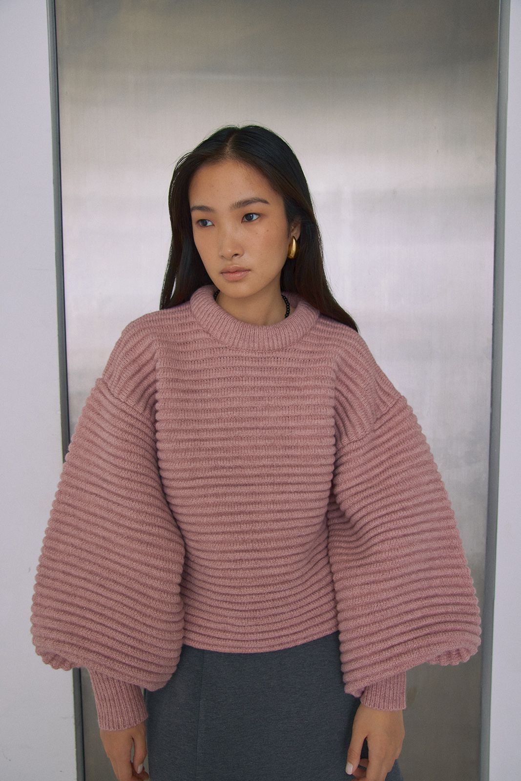 ボリュームスリーブニットトップス (ピンク) Raglan Sleeve Long Coat (Pink) / 26AW