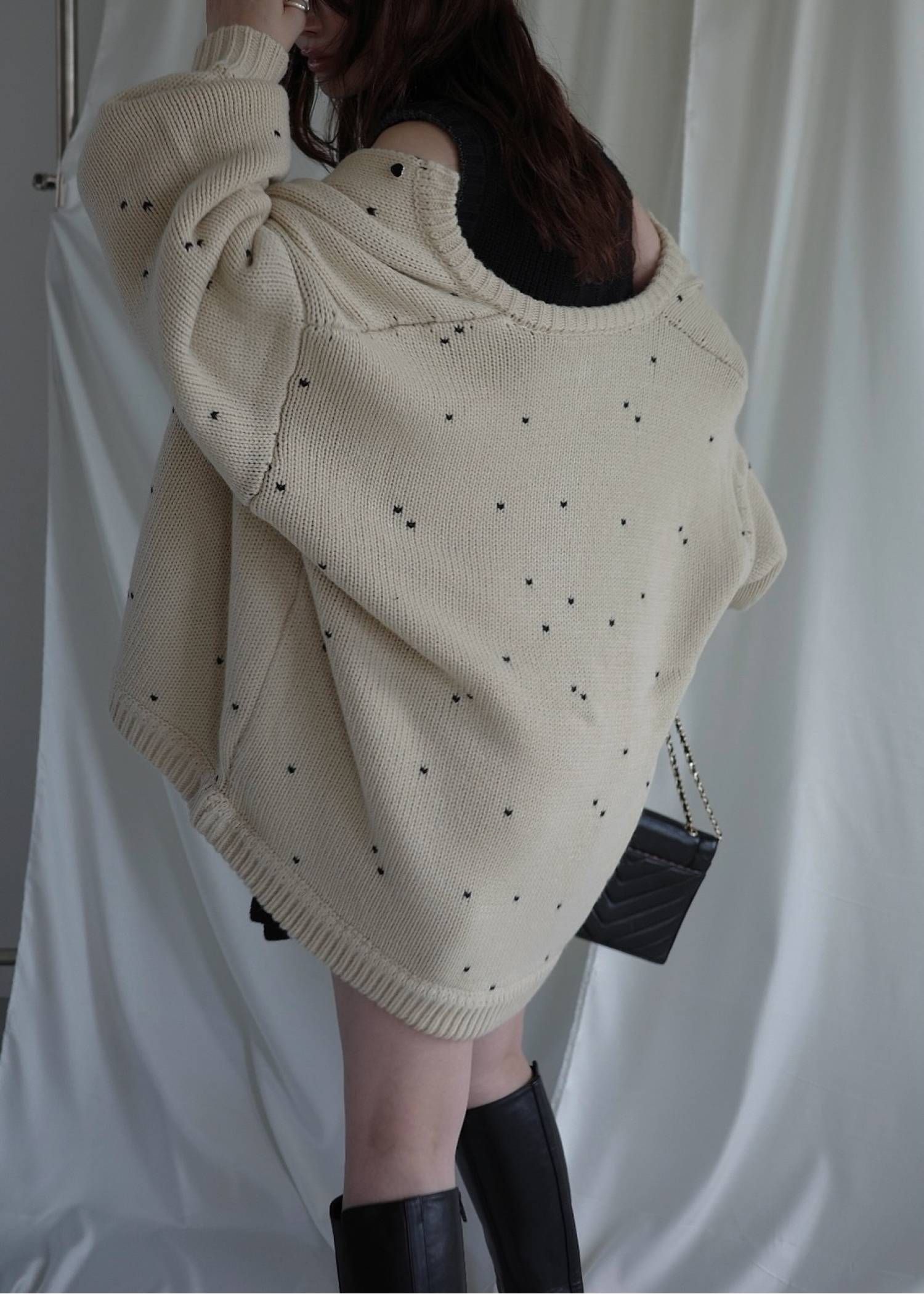 【ロング】ハートドット リバーシブルカーディガン (タン×ブラック) long heart dot jacquard reversible knit cardigan (tan×black) /  26SS